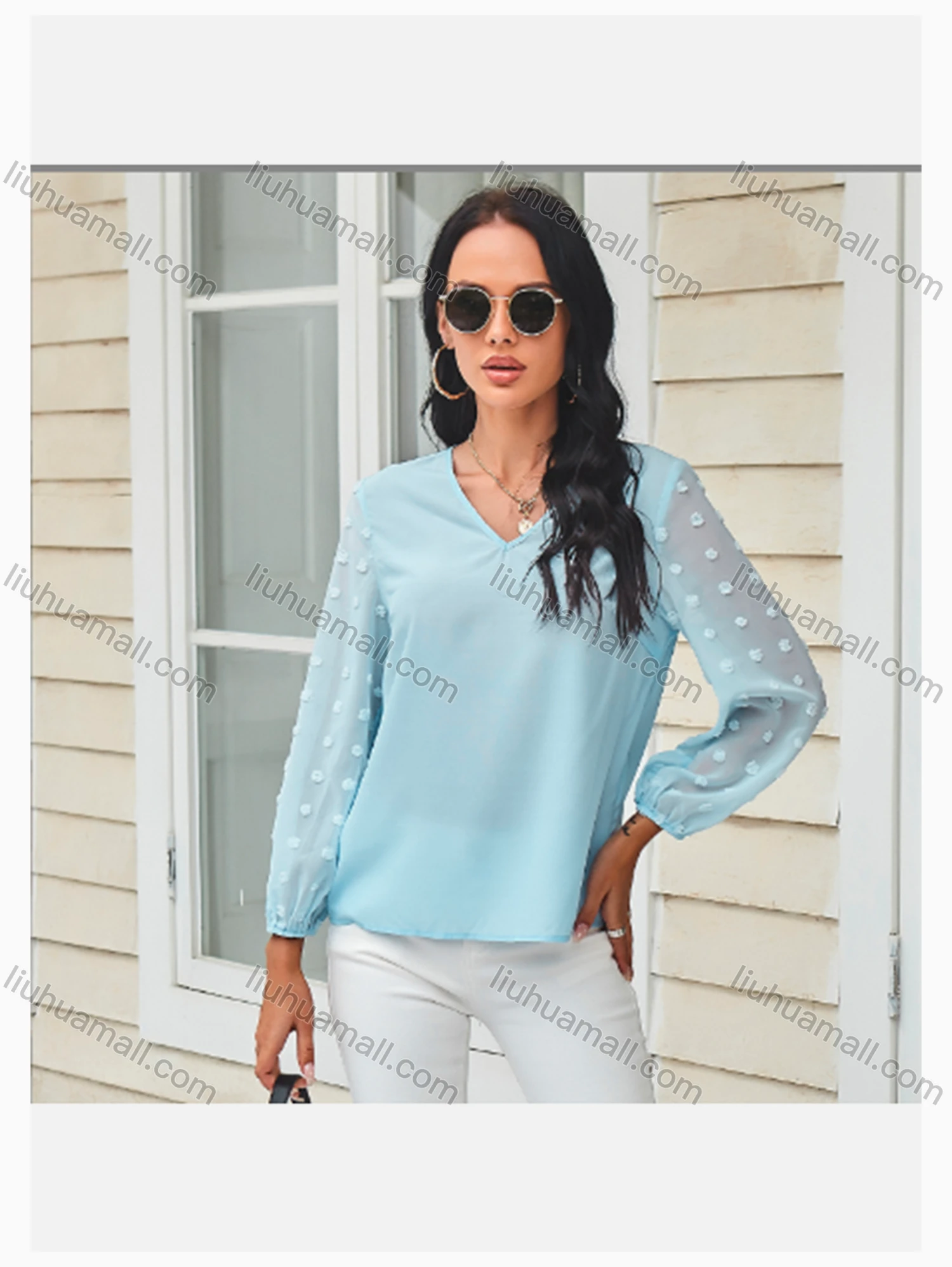 Wholesale Women's Casual V Neck Lantern Sleeve Eyelet Embroidered Plain Blouse - Liuhuamall