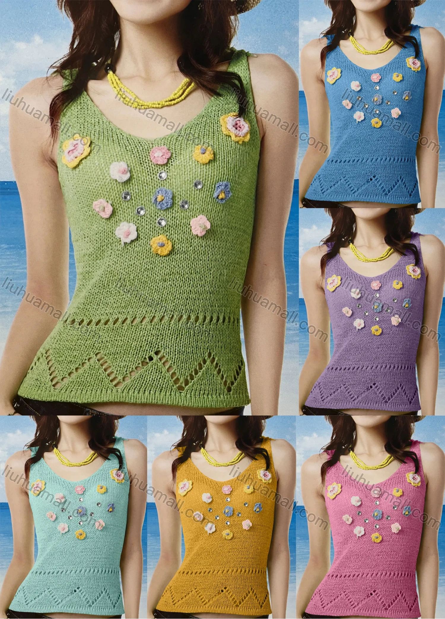 Wholesale Women's Causal Vacation Round Neck Flowers Knitted Rhinestone Tank Top - Liuhuamall
