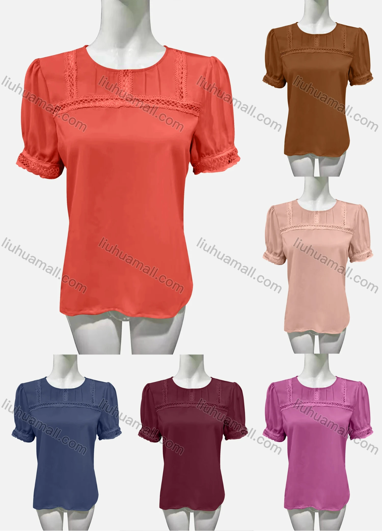 Wholesale Women's Casual Crew Neck Puff Sleeve Lace Trim Blouse - Liuhuamall