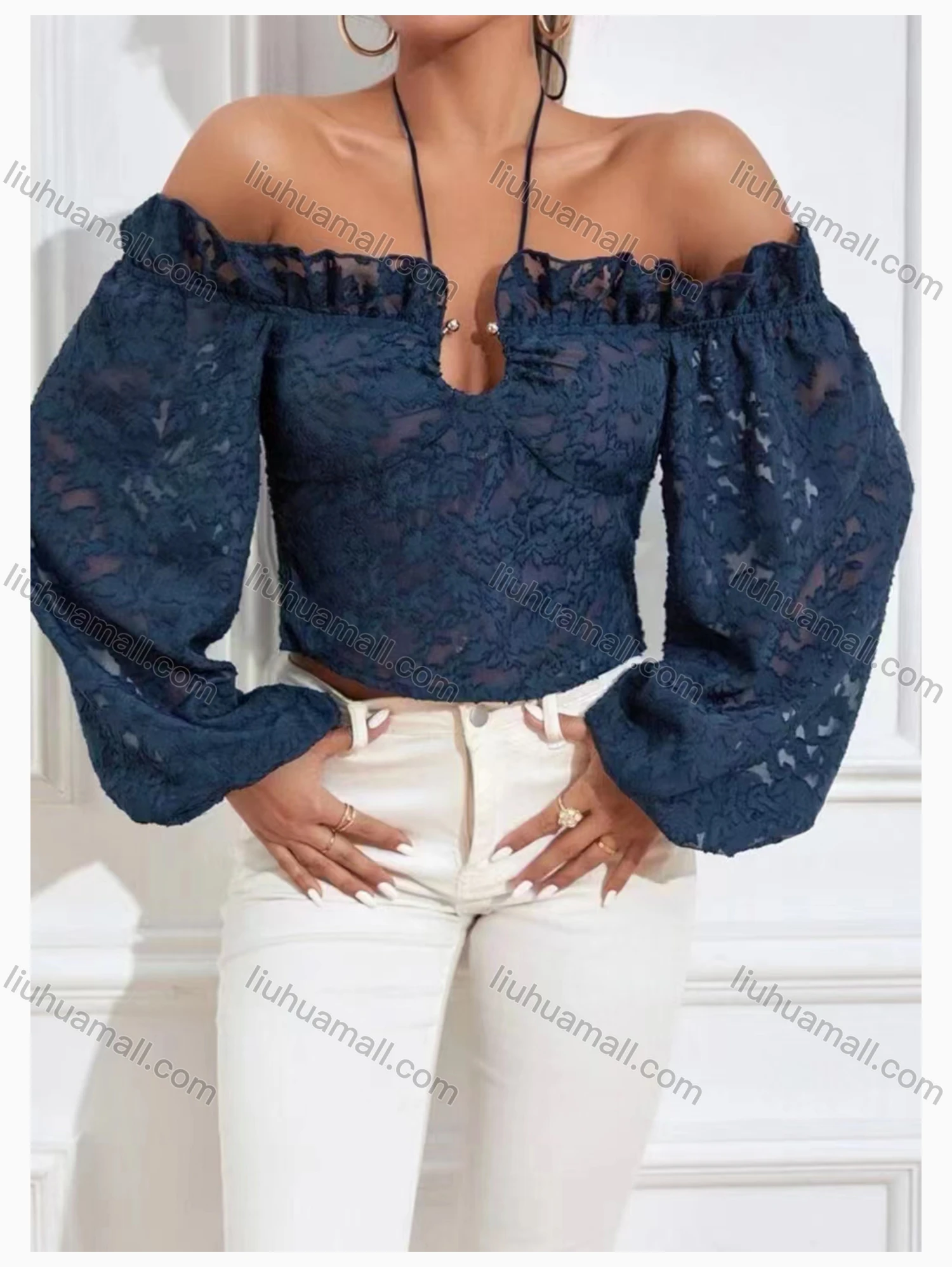 Wholesale Women's Sexy Notched Off Shoulder Lantern Sleeve Ruffle Hem Mesh Blouse - Liuhuamall