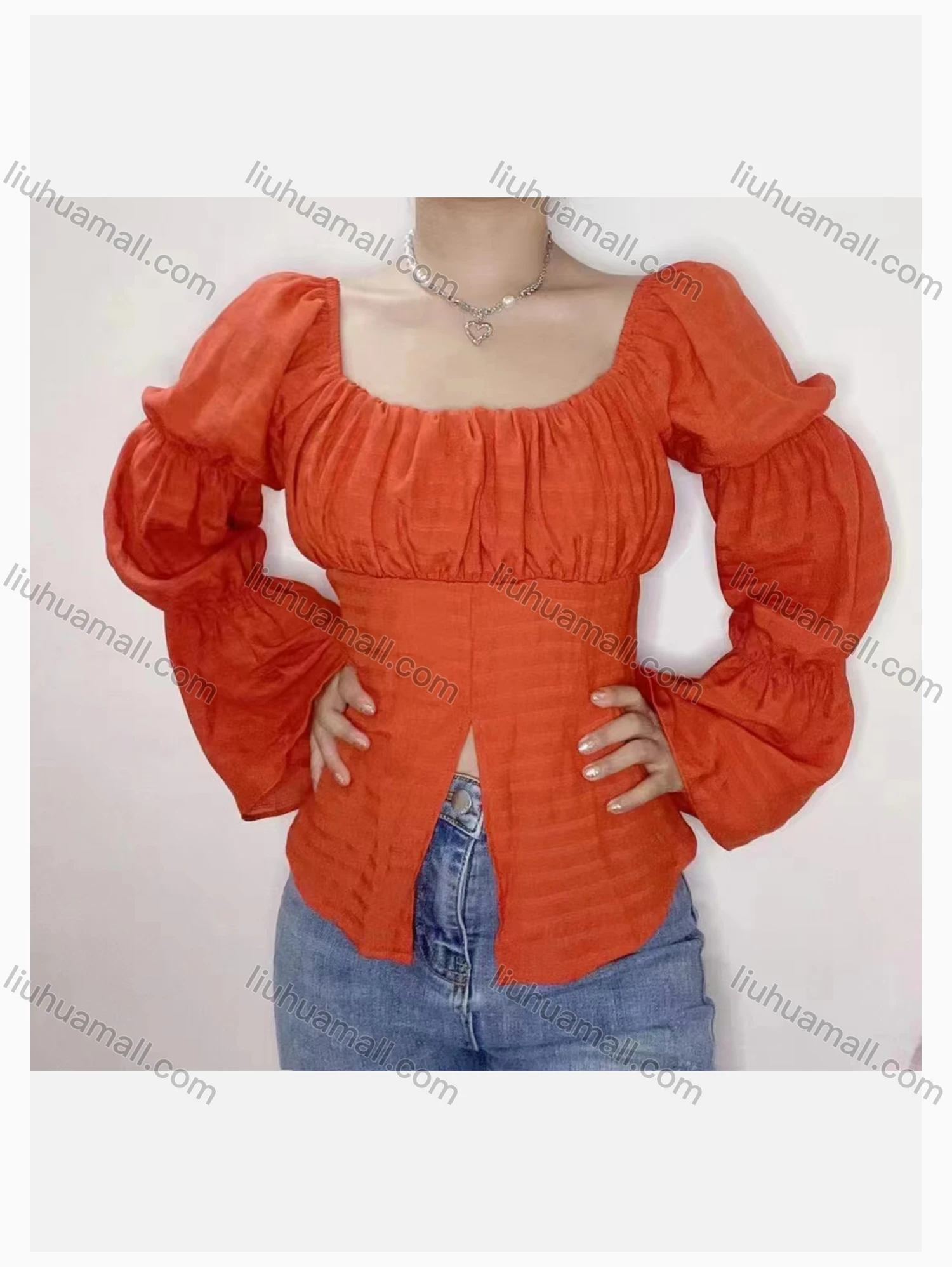 Wholesale Women's Sexy Square Neck Marie Sleeve Split Front Plain Blouse - Liuhuamall