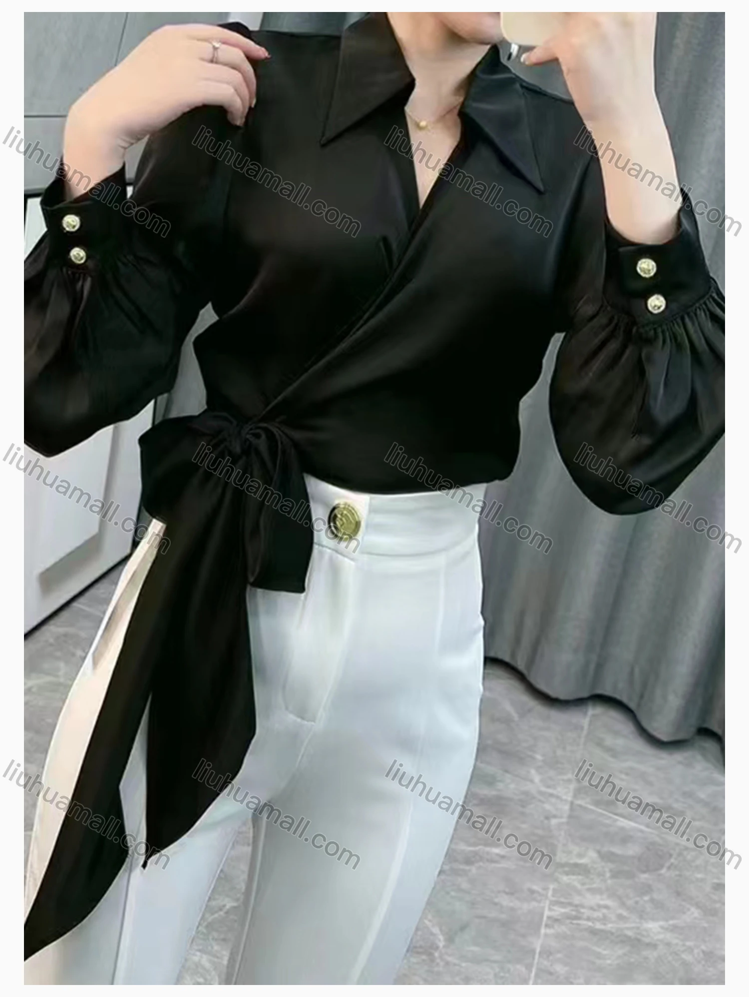 Wholesale Women's Casual Satin V Neck Wrap Lantern Sleeve Tie Side Plain Blouse - Liuhuamall