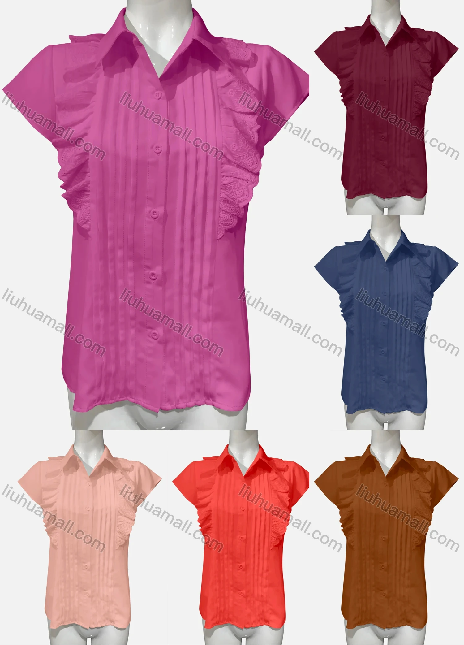 Wholesale Women's Casual Plain Cap Sleeve Ruched Ruffle Trim Button Down Shirt - Liuhuamall