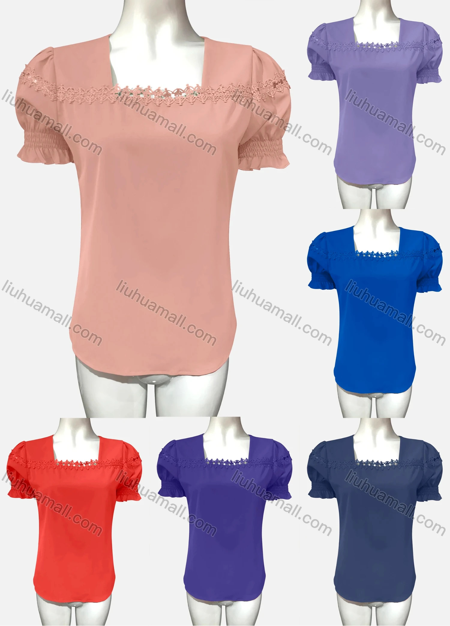 Wholesale Women's Casual Square Neck Puff Sleeve Appliques Blouse - Liuhuamall