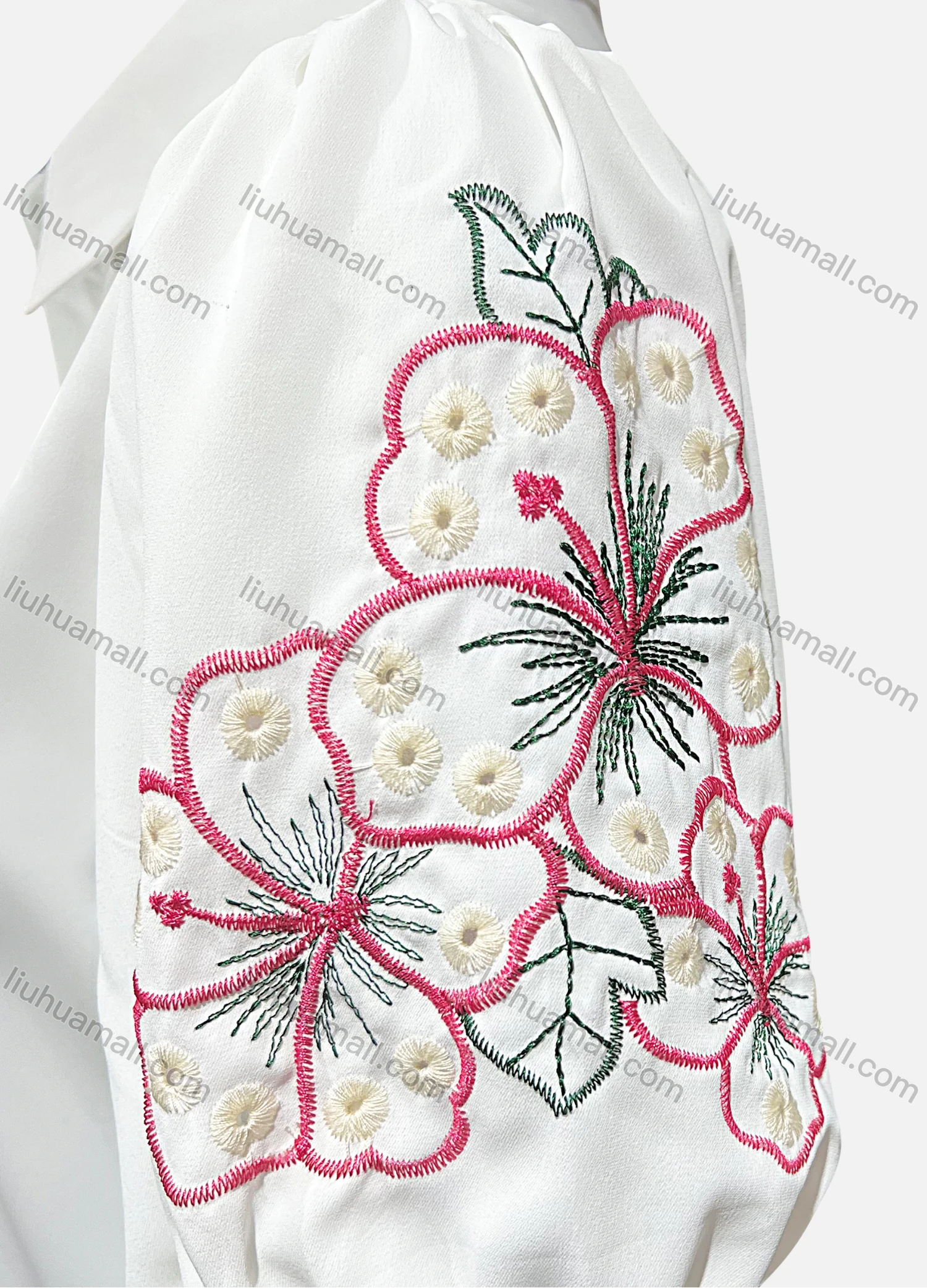 Wholesale Women's Casual Collared Puff Sleeve Embroidered Button Down Shirt - Liuhuamall