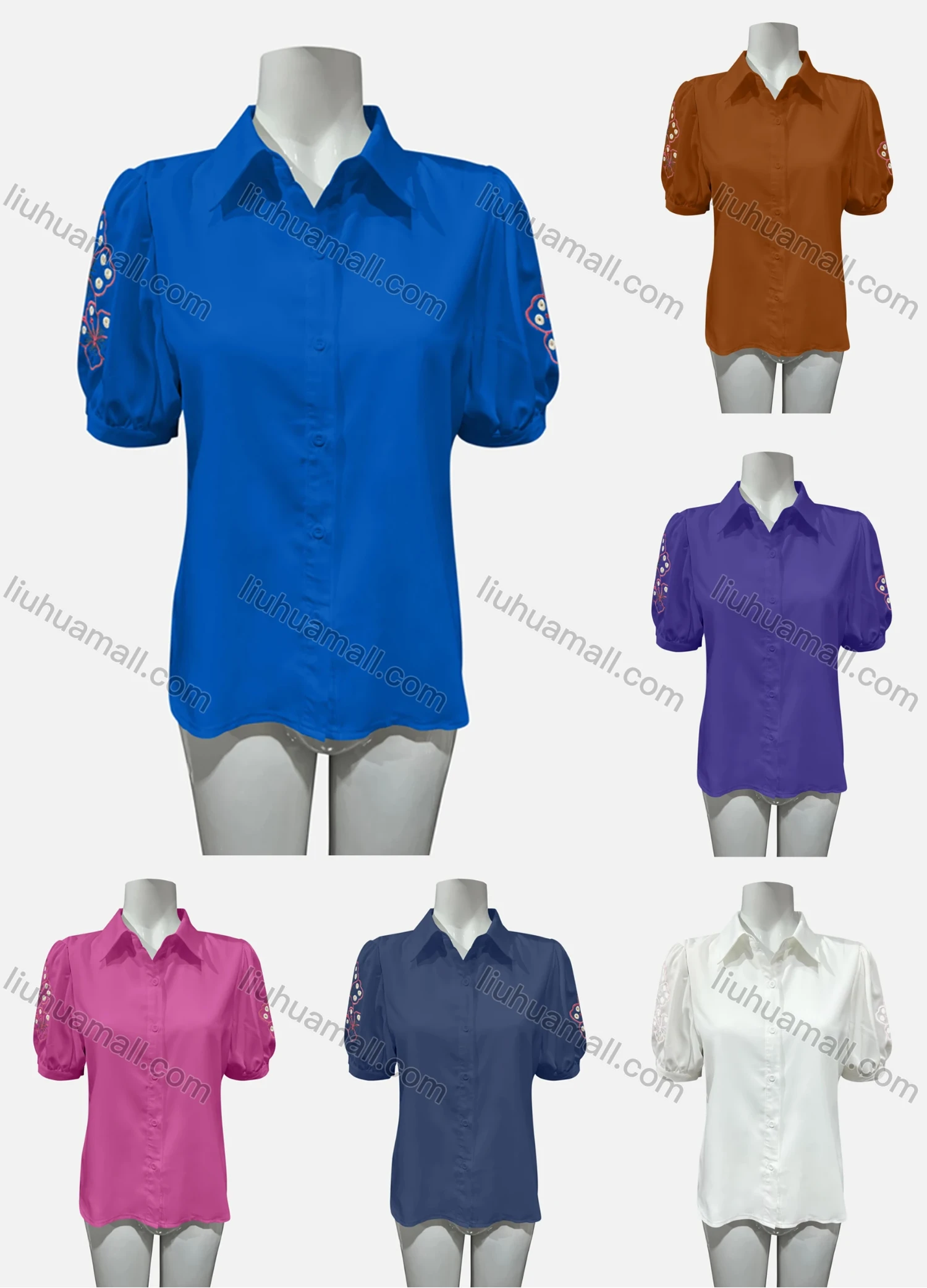 Wholesale Women's Casual Collared Puff Sleeve Embroidered Button Down Shirt - Liuhuamall