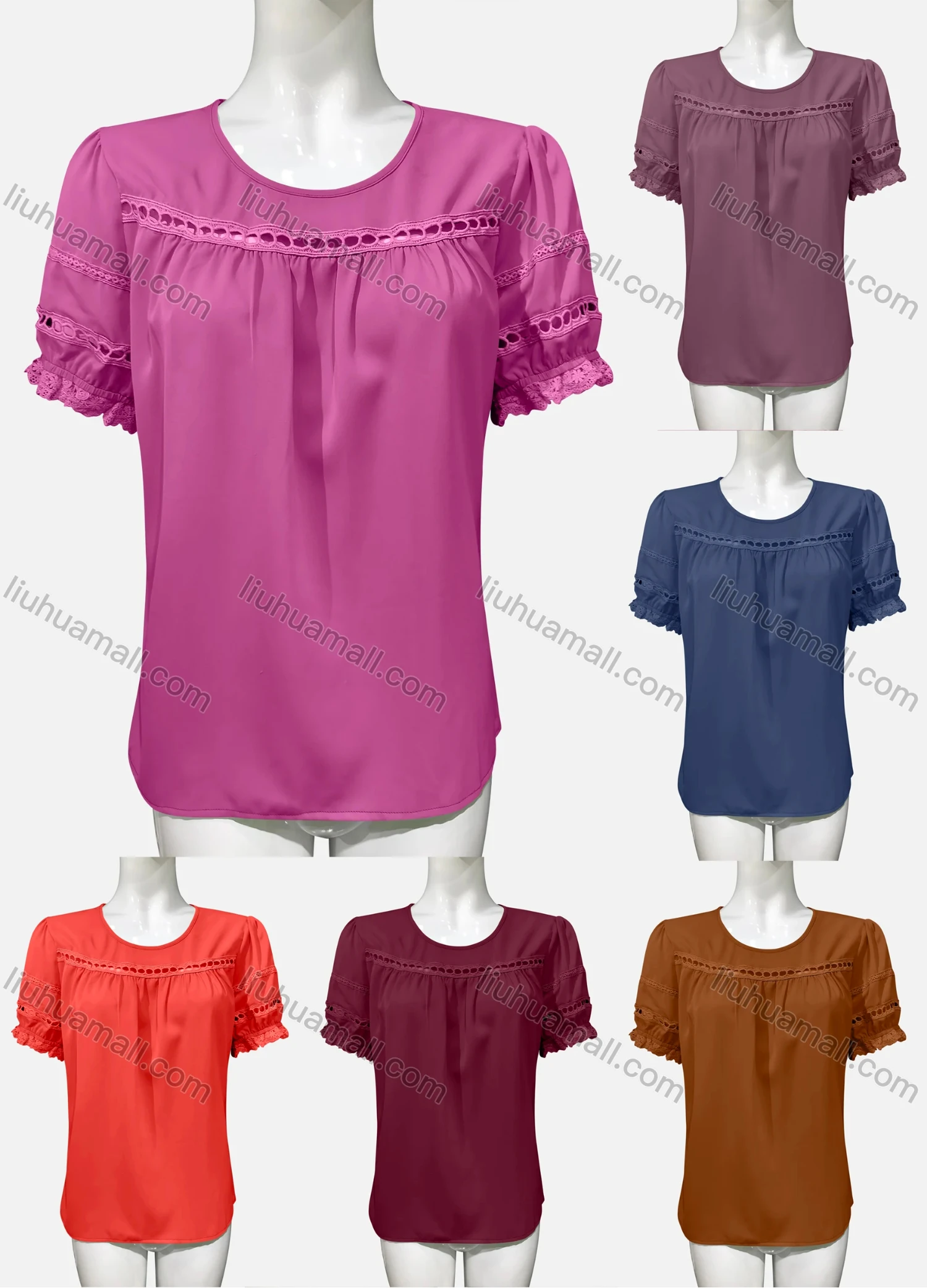 Wholesale Women's Casual Crew Neck Puff Sleeve Hollow Out Blouse - Liuhuamall