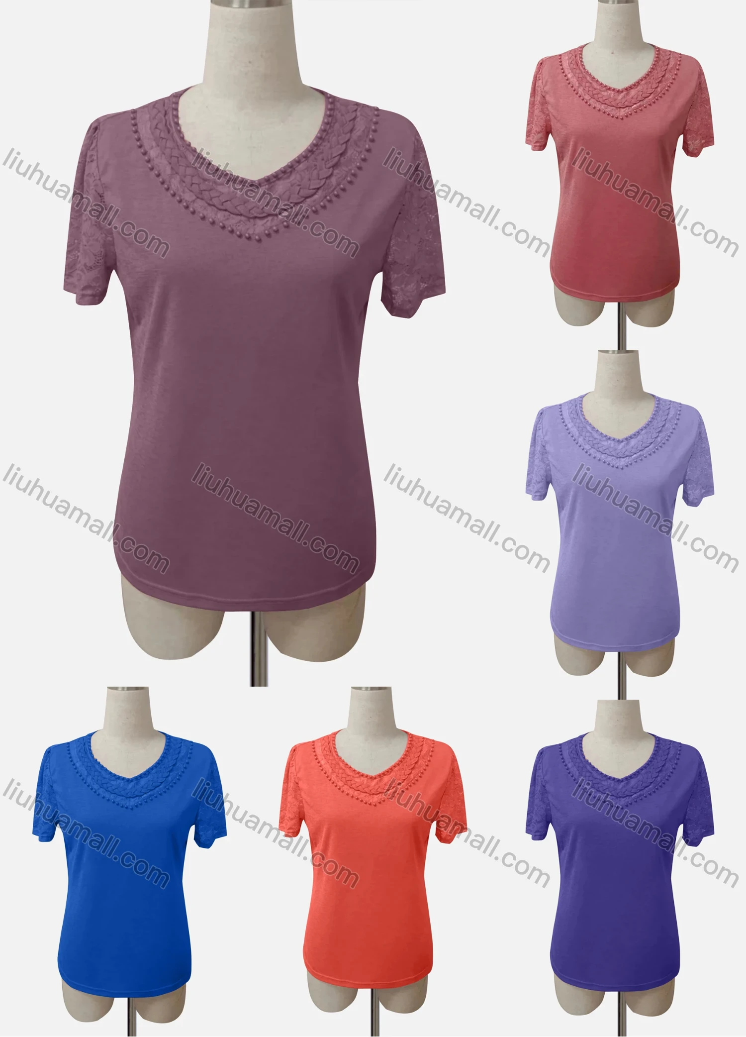 Wholesale Women's Casual V Neck Lace Sleeve Pearl Decro Blouse - Liuhuamall