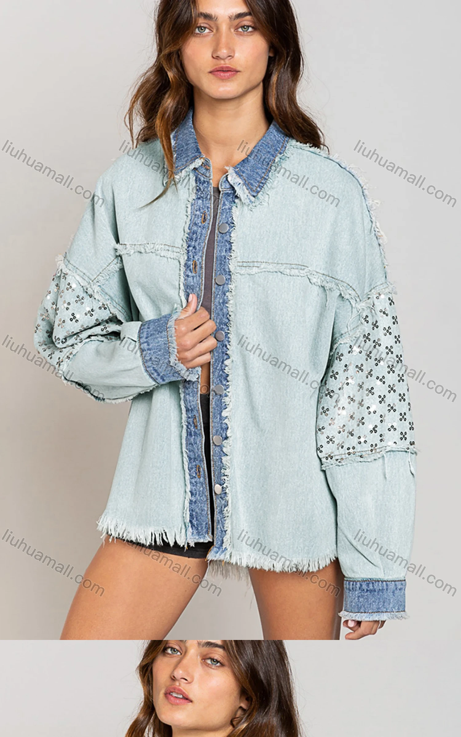 Wholesale Women's Casual Frayed Raw Contrast Button Down Drop Shoulder Sequin Decor Denim Jacket - Liuhuamall