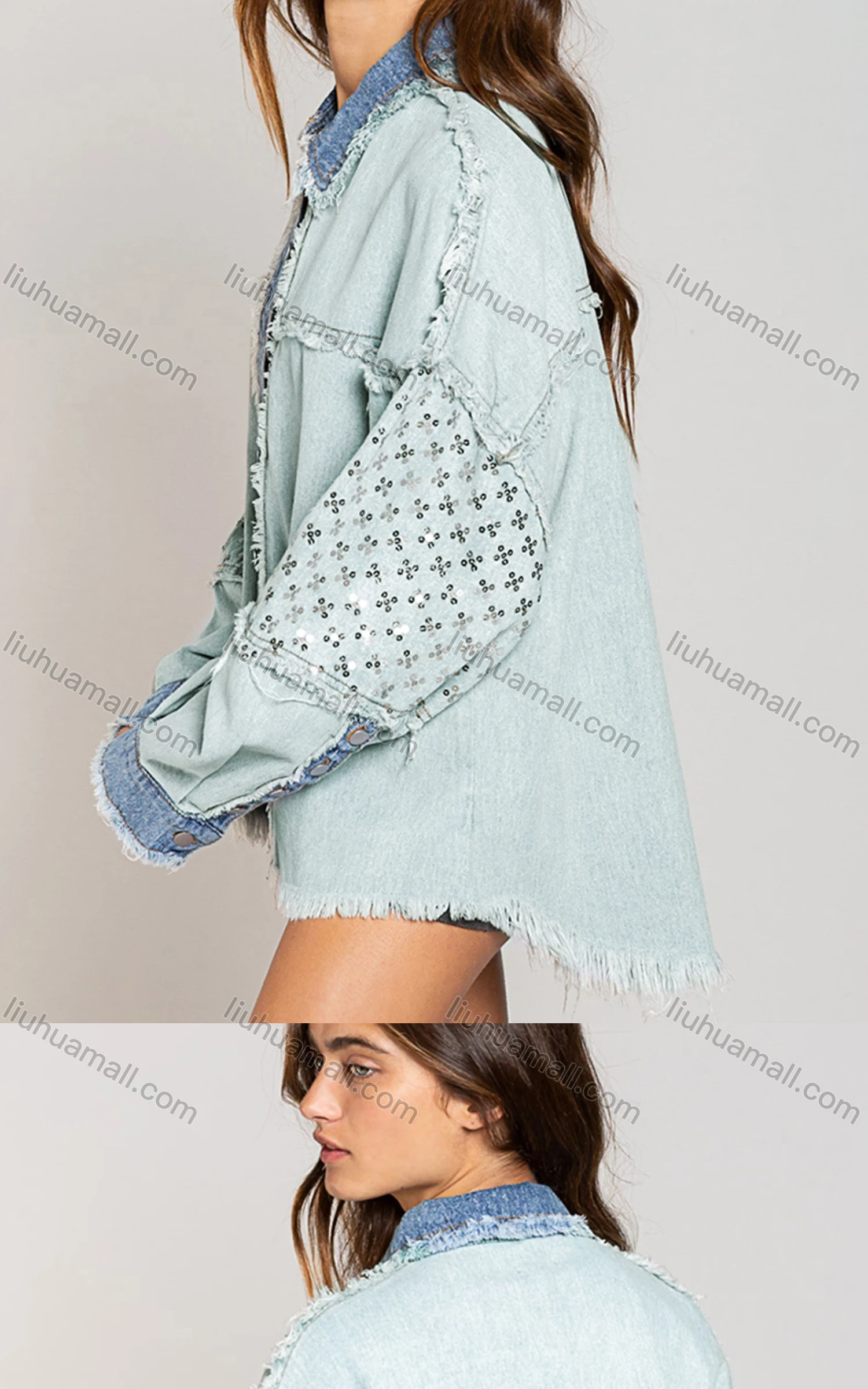 Wholesale Women's Casual Frayed Raw Contrast Button Down Drop Shoulder Sequin Decor Denim Jacket - Liuhuamall
