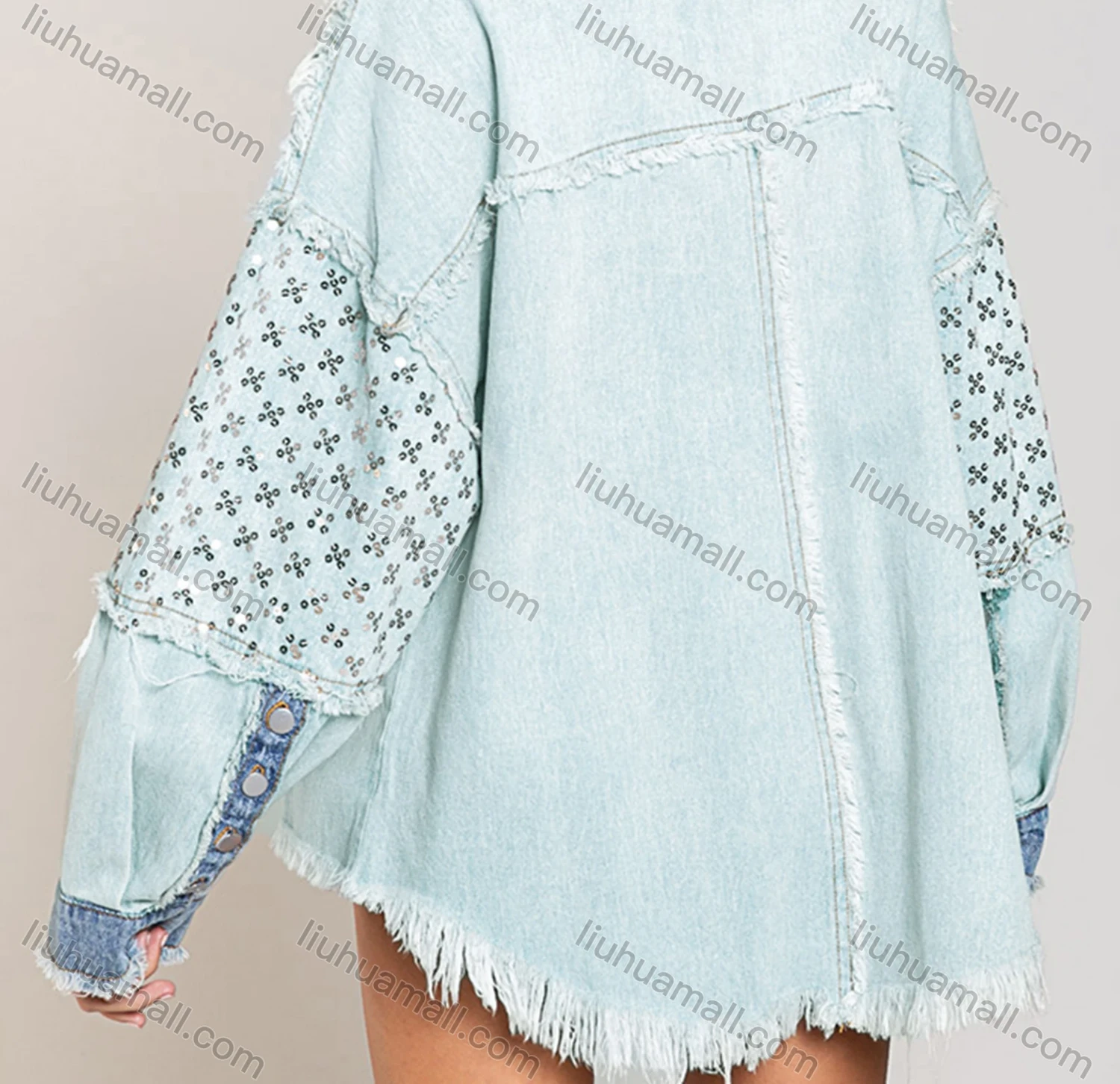 Wholesale Women's Casual Frayed Raw Contrast Button Down Drop Shoulder Sequin Decor Denim Jacket - Liuhuamall
