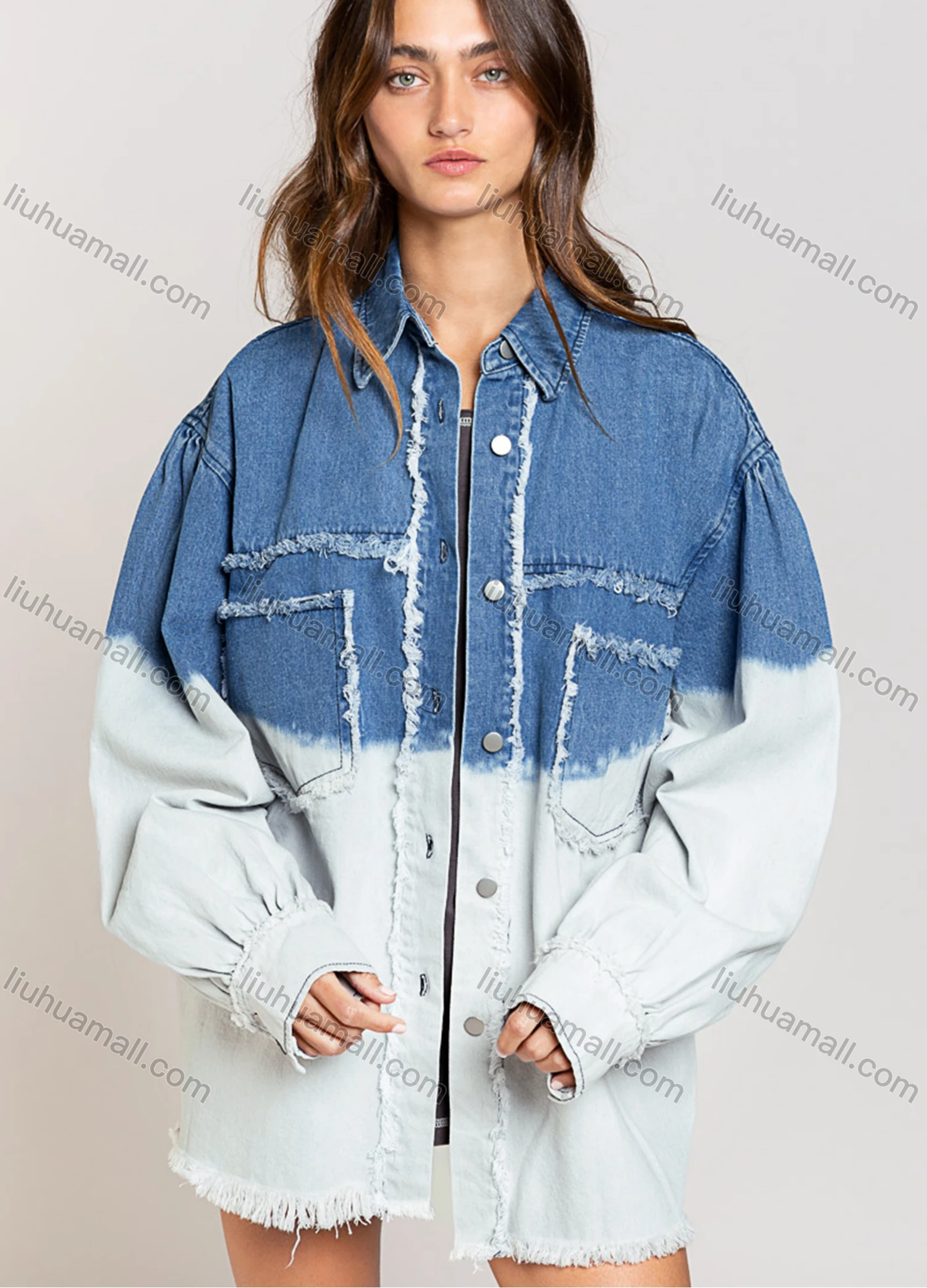 Wholesale Women's Casual Gradient Frayed Raw Button Down Long Sleeve Denim Jacket - Liuhuamall