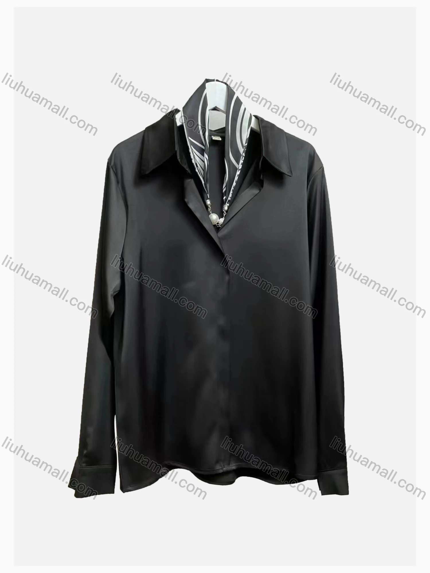 Wholesale Women's Casual Satin Collared Long Sleeve Plain Blouse With Tie - Liuhuamall