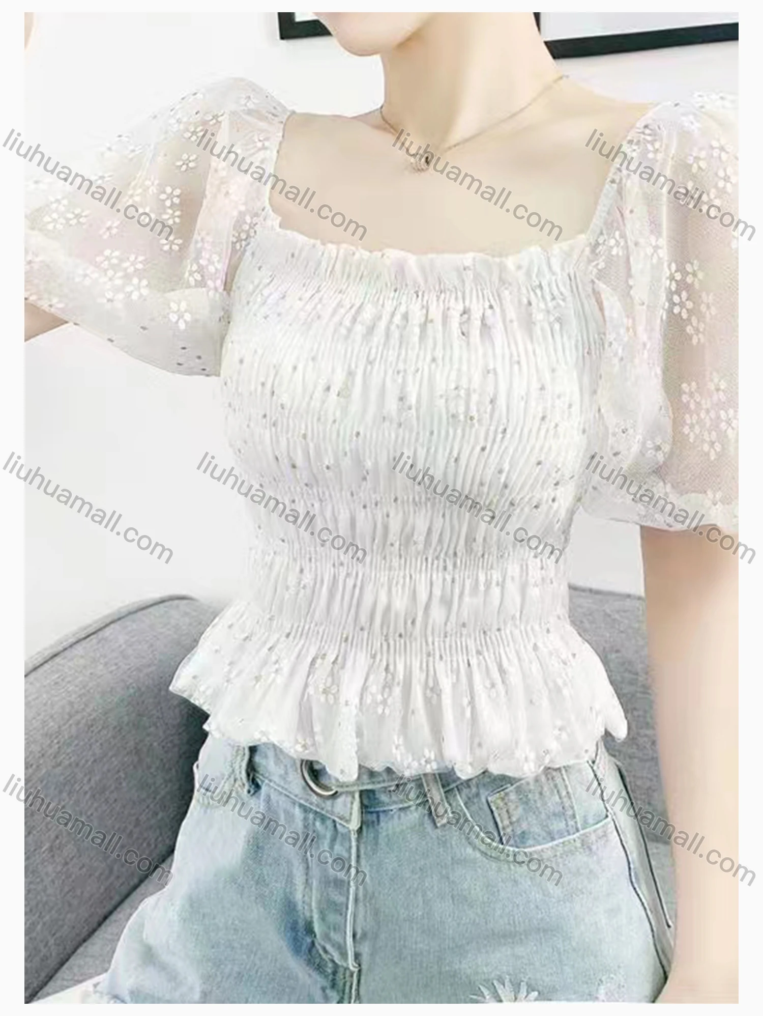 Wholesale Women's Casual Square Neck Mesh Puff Sleeve Ruffle Hem Floral Print Blouse - Liuhuamall