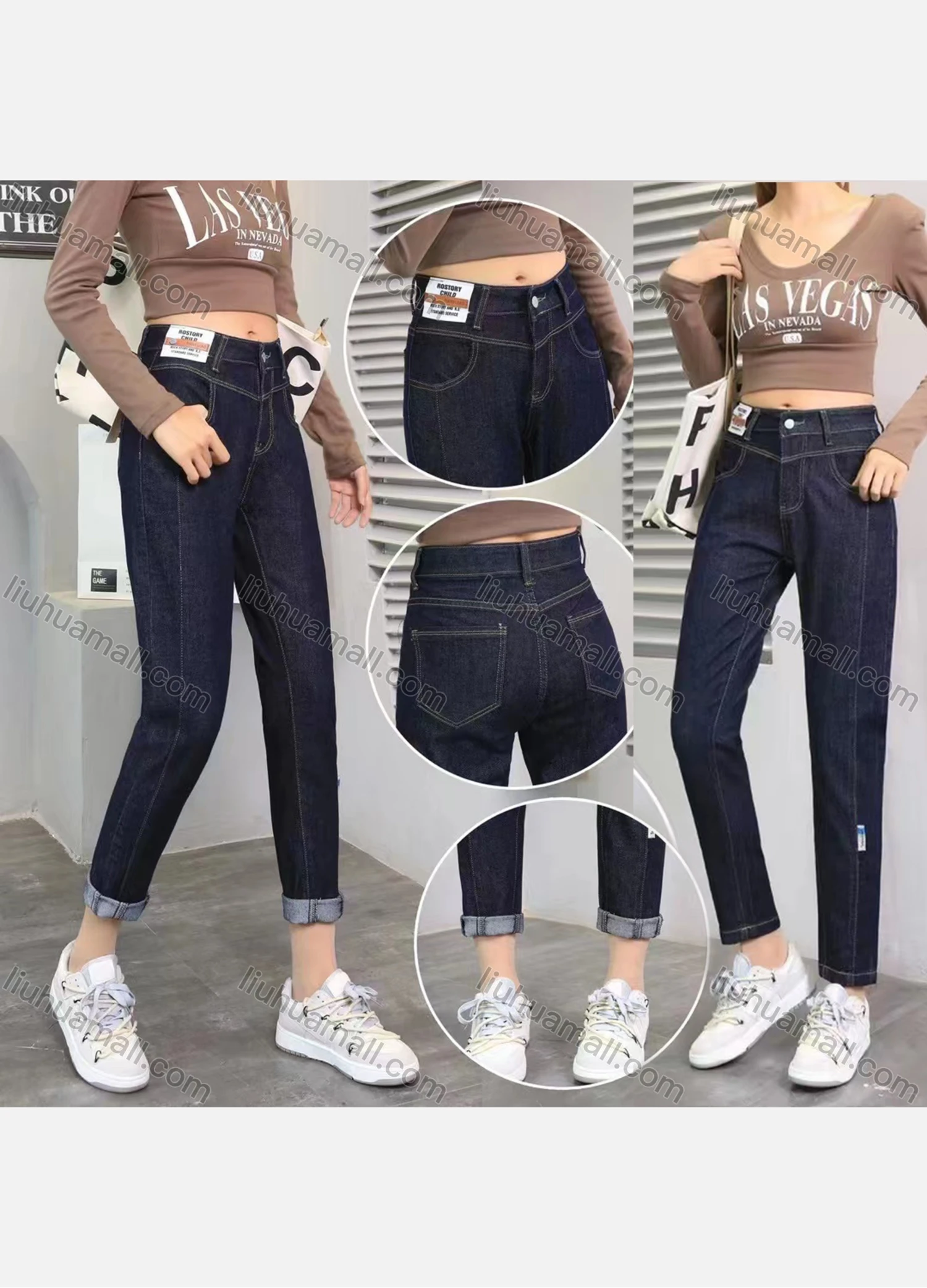 Wholesale Women's Casual Plain Multiple Pockets Button Closure Jeans - Liuhuamall