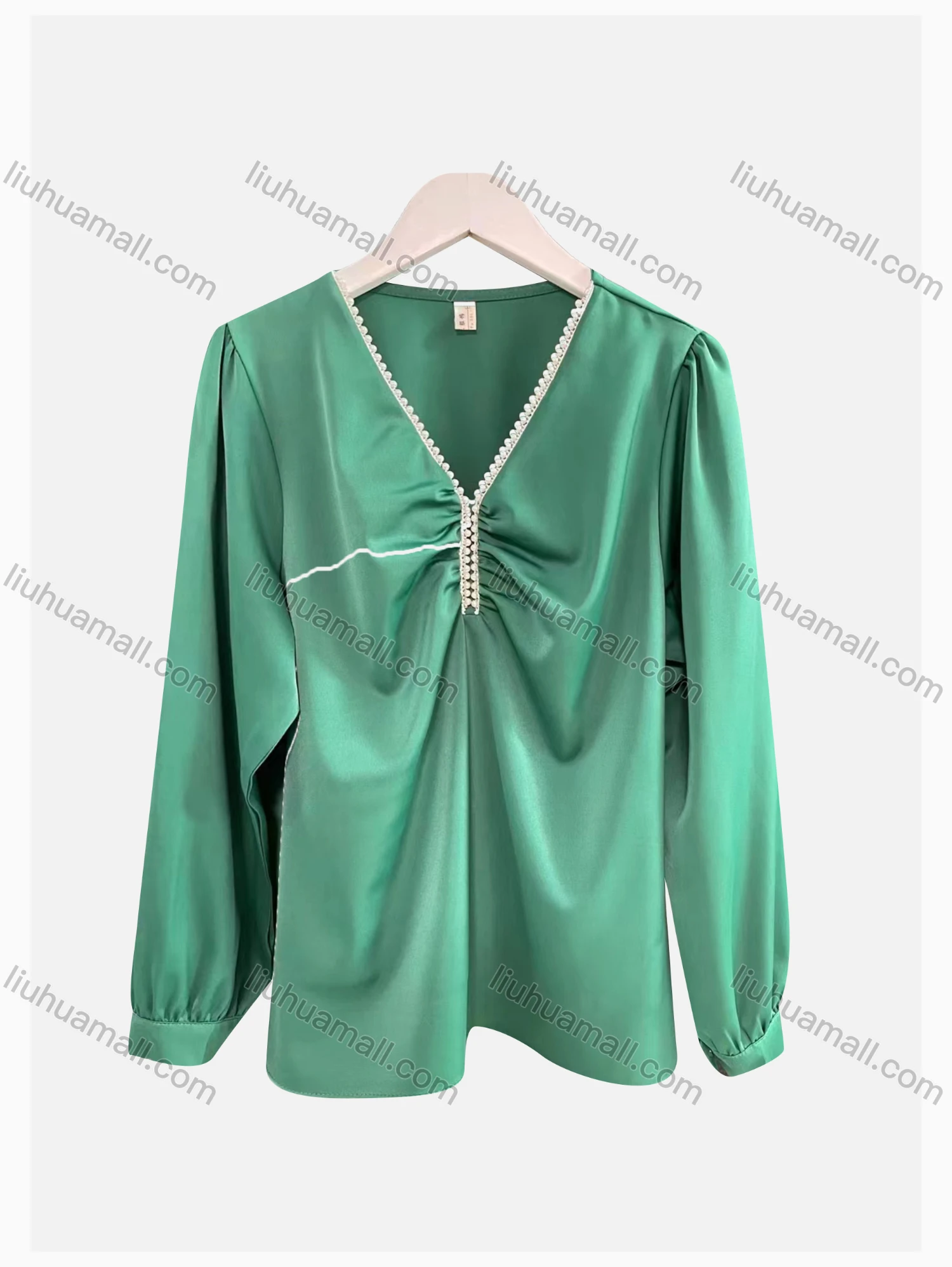 Wholesale Women's Casual Satin V Neck Long Sleeve Pearl Decor Plain Blouse - Liuhuamall