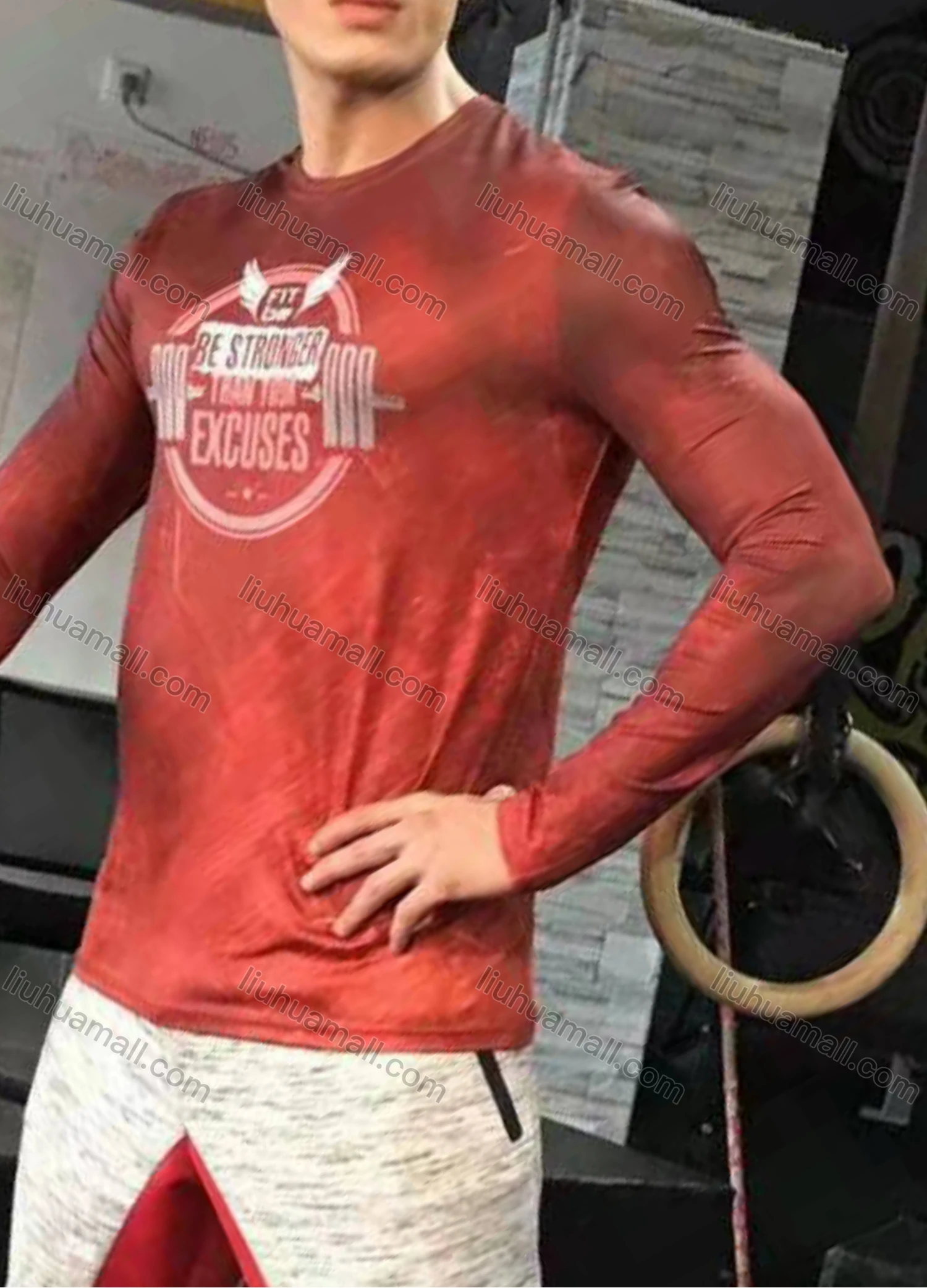 Wholesale Men's Casual Graphic Letter Print Round Neck Tight Long Sleeve Tee - Liuhuamall