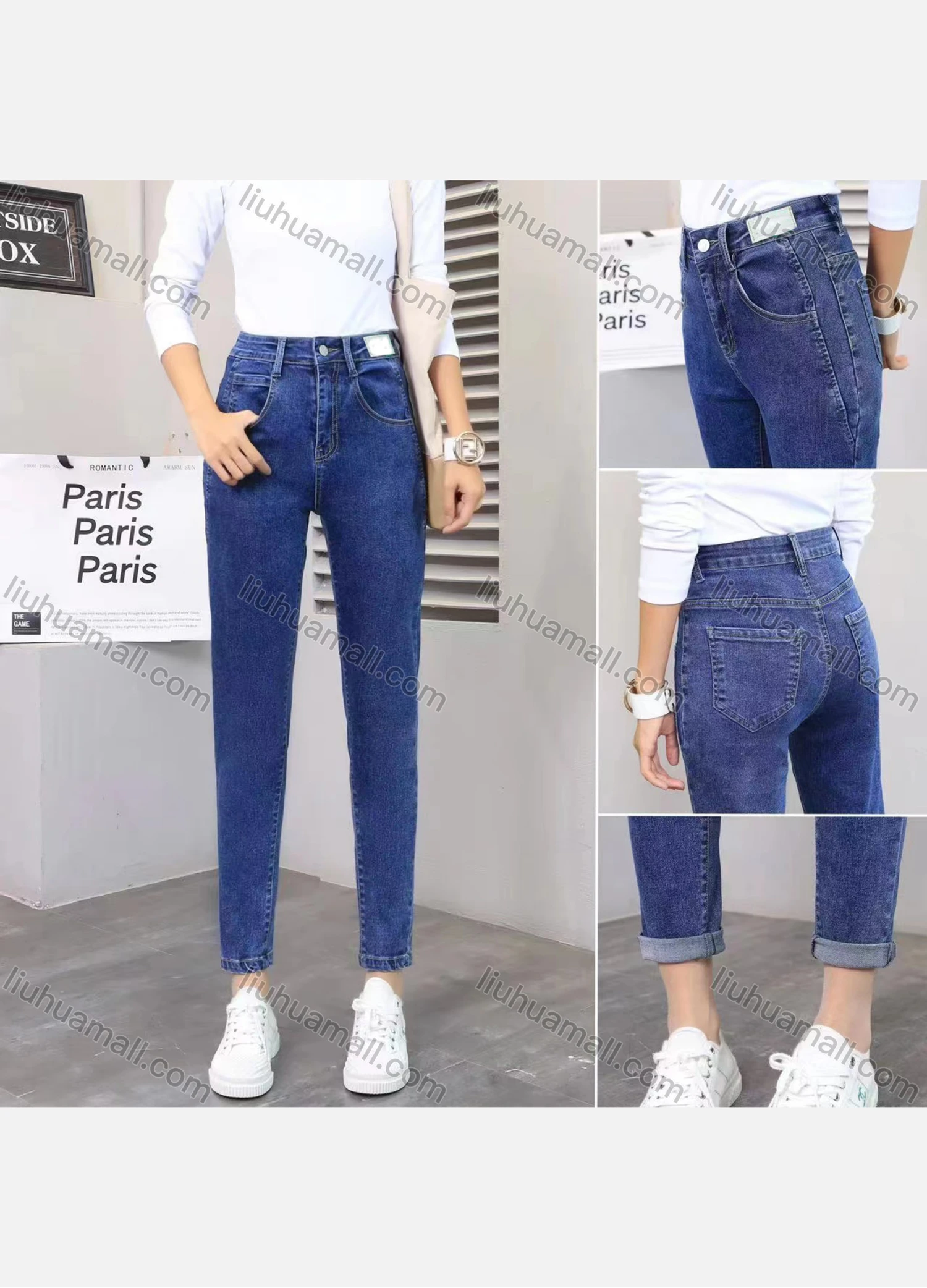Wholesale Women's Casual Plain Button Closure Patch Pockets Slim Fit Jeans - Liuhuamall