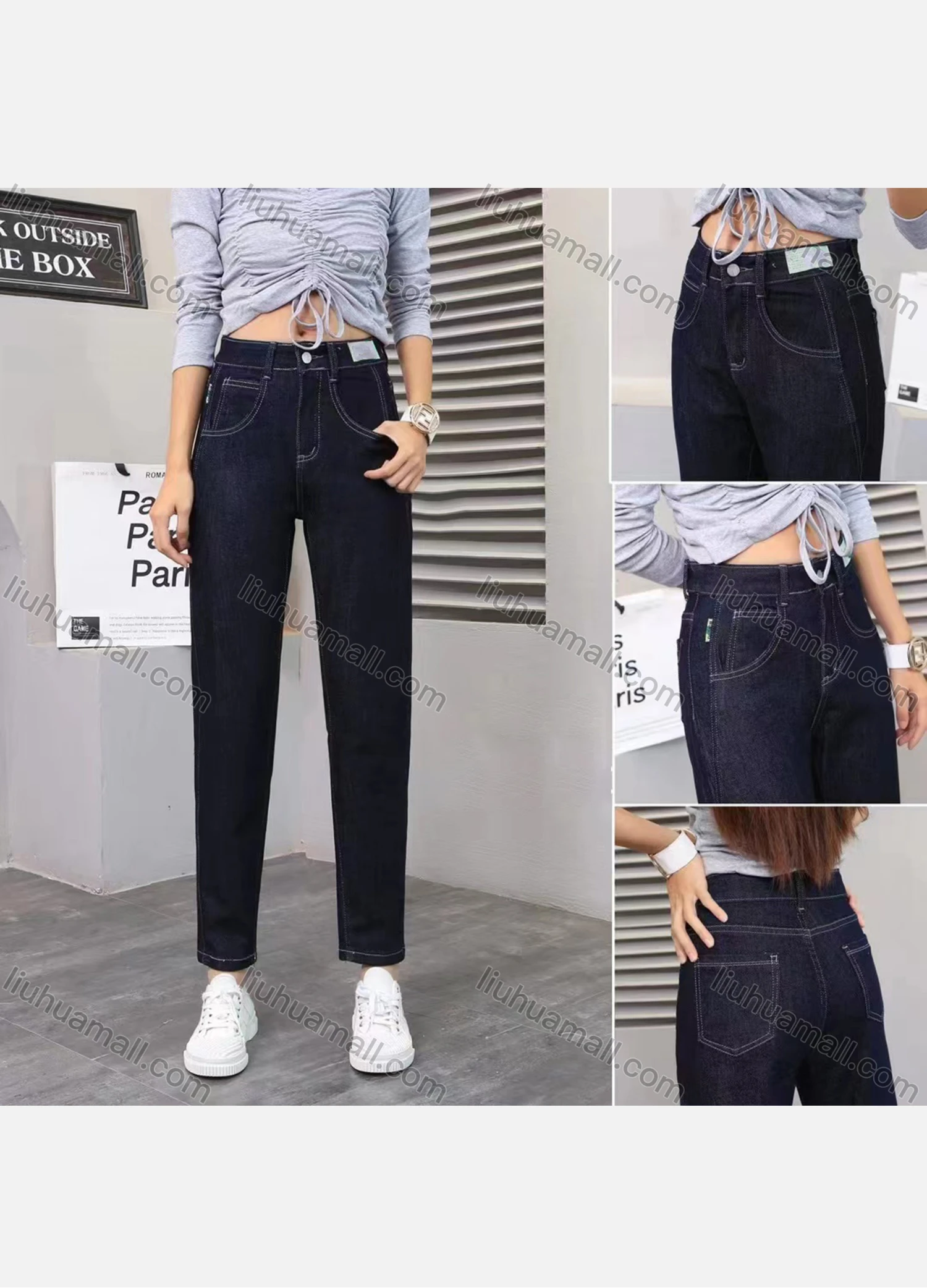 Wholesale Women's Casual Plain Multiple Pockets Button Closure Jeans - Liuhuamall