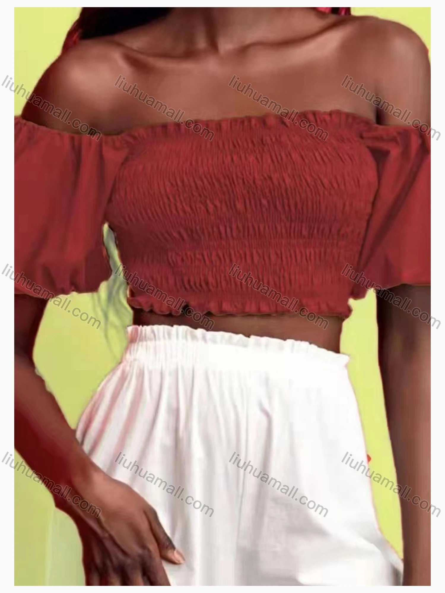 Wholesale Women's Fashion Off Shoulder Puff Sleeve Ruched Plain Crop Top - Liuhuamall