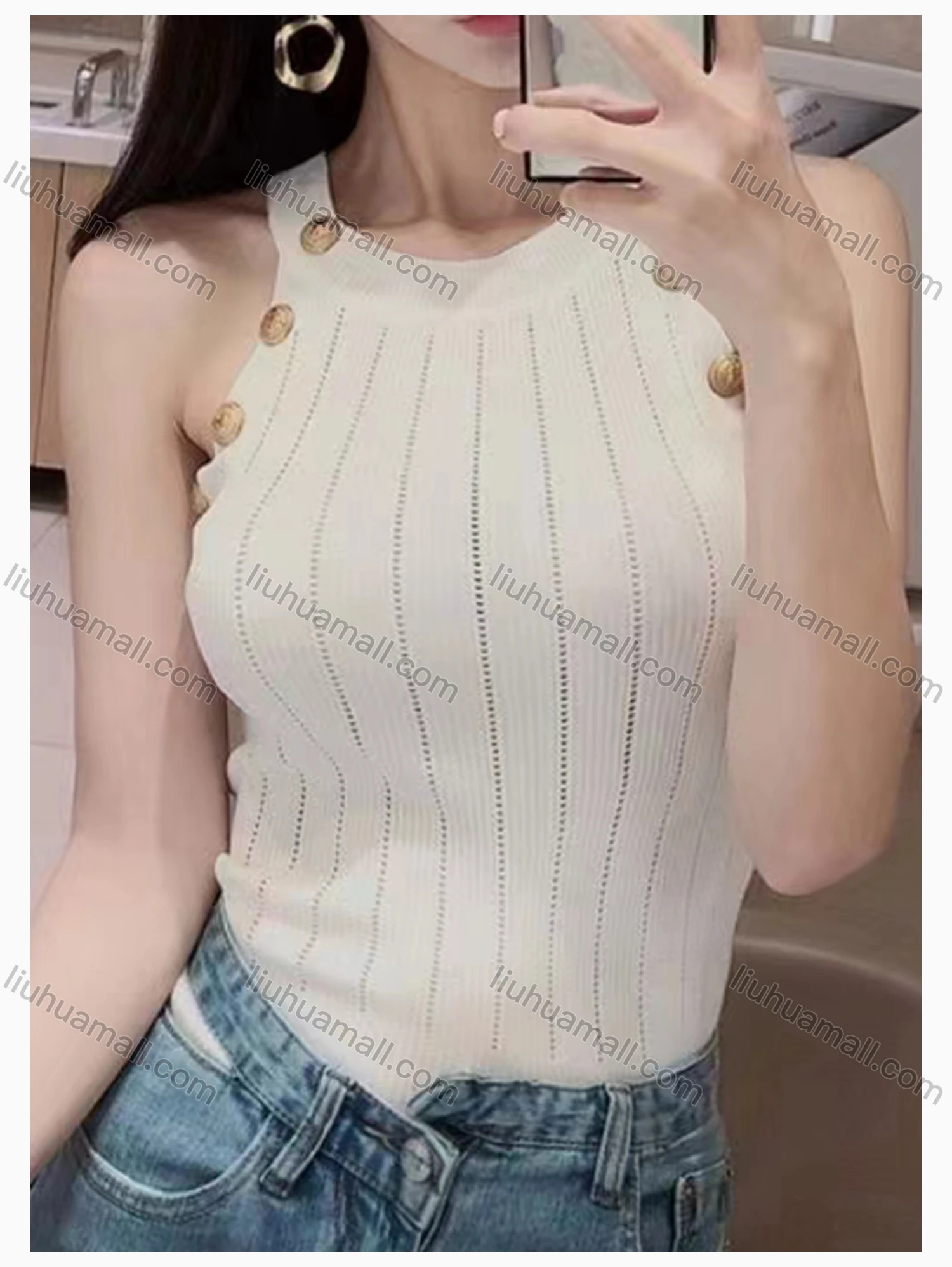 Wholesale Women's Casual Halter Sleeveless Button Decor Plain Top - Liuhuamall