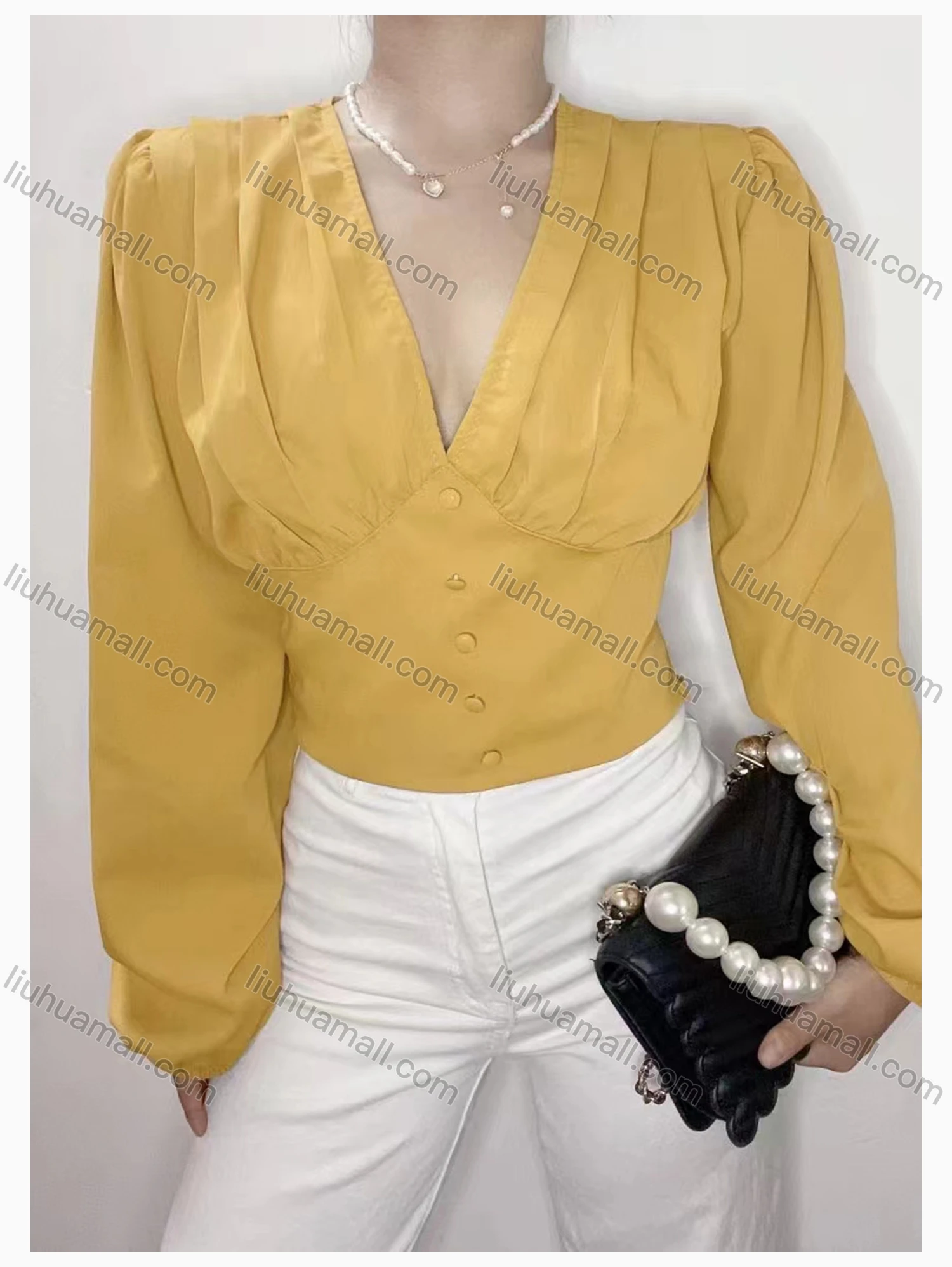 Wholesale Women's Fashion Deep V Neck Long Sleeve Button Decor Ruched Plain Top - Liuhuamall