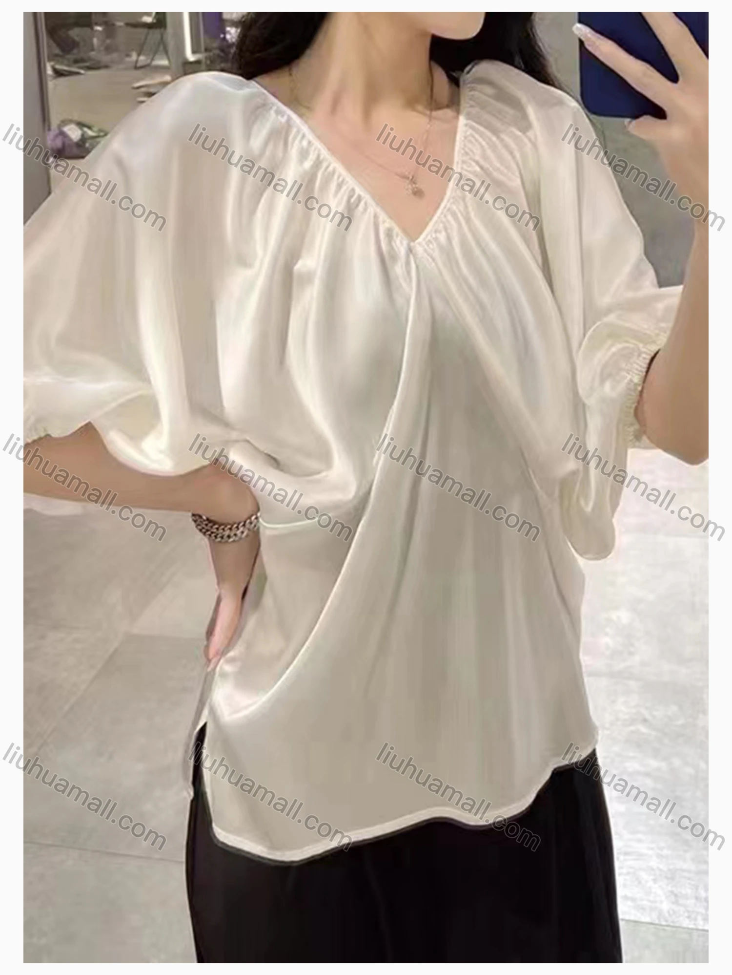 Wholesale Women's Casual V Neck Puff Sleeve Button Decor Plain Top - Liuhuamall