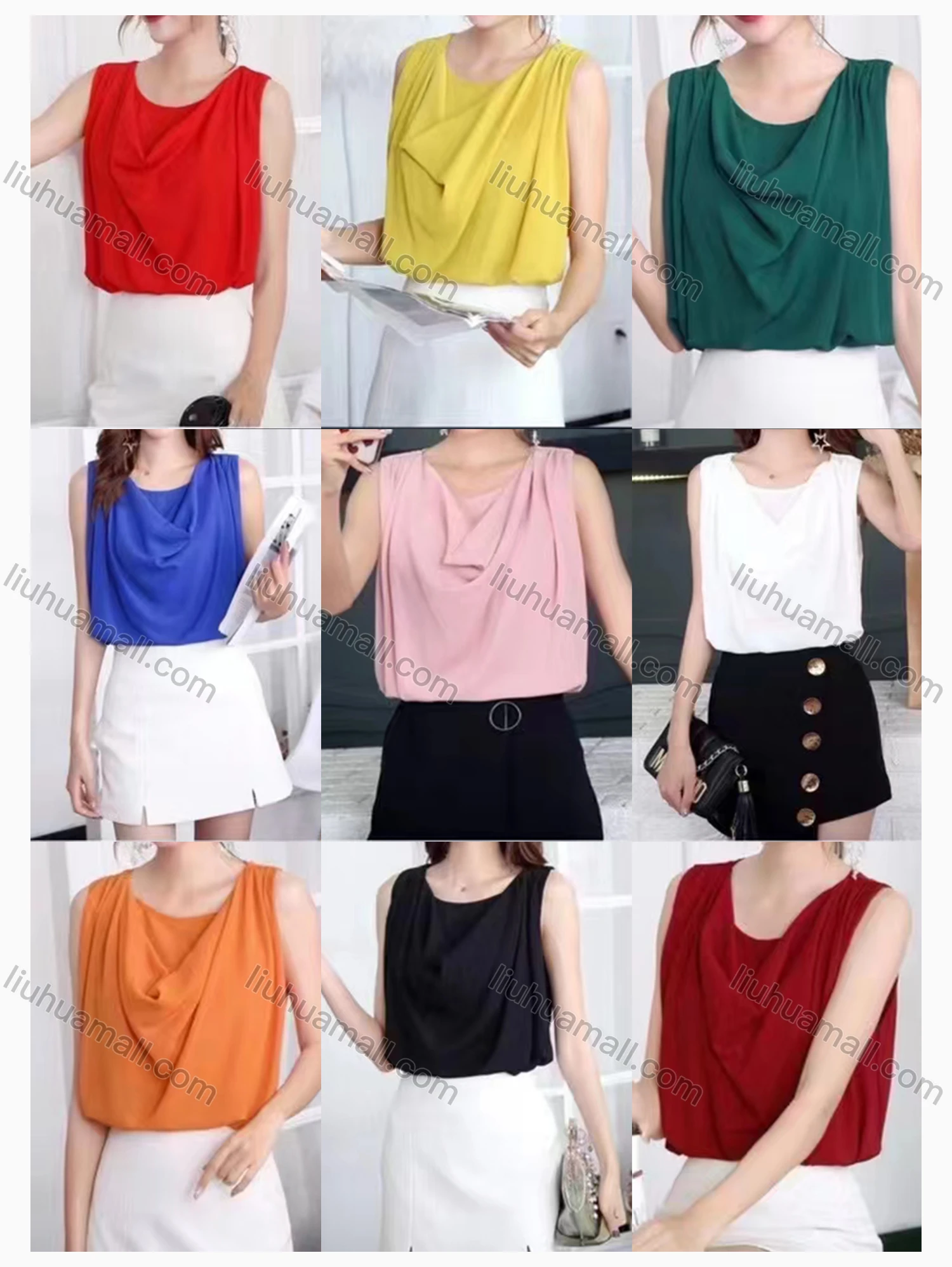Wholesale Women's Casual Satin Round Neck Sleeveless Ruched Plain Tank Top - Liuhuamall