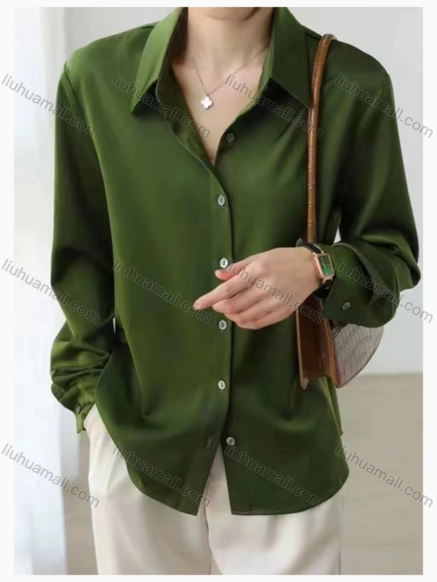 Wholesale Women's Causal Satin Collared Long Sleeve Button Down Plain T-Shirt - Liuhuamall
