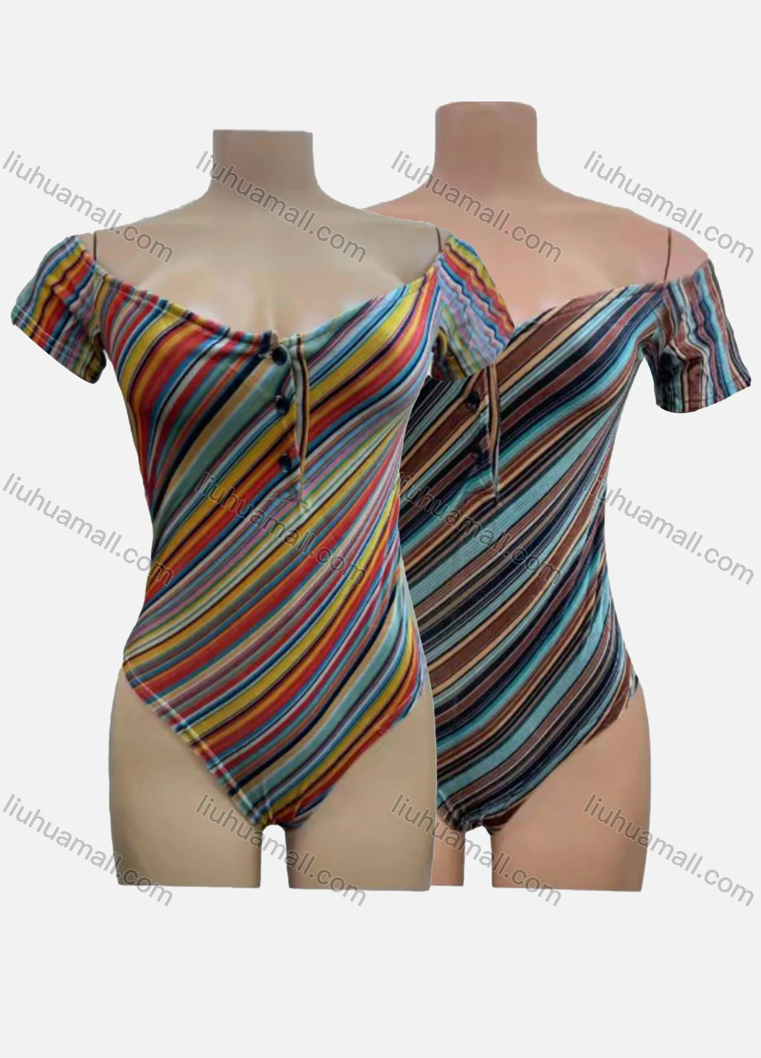 Wholesale Women's Sexy Striped Multi Color Button Front Short Sleeve Bodysuit - Liuhuamall