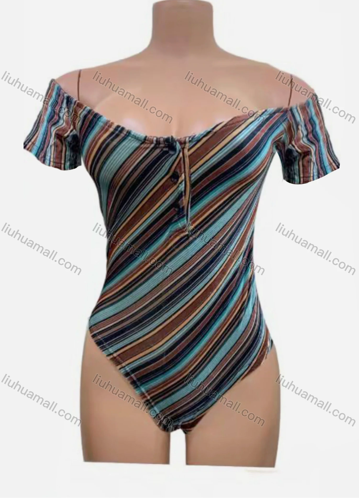 Wholesale Women's Sexy Striped Multi Color Button Front Short Sleeve Bodysuit - Liuhuamall