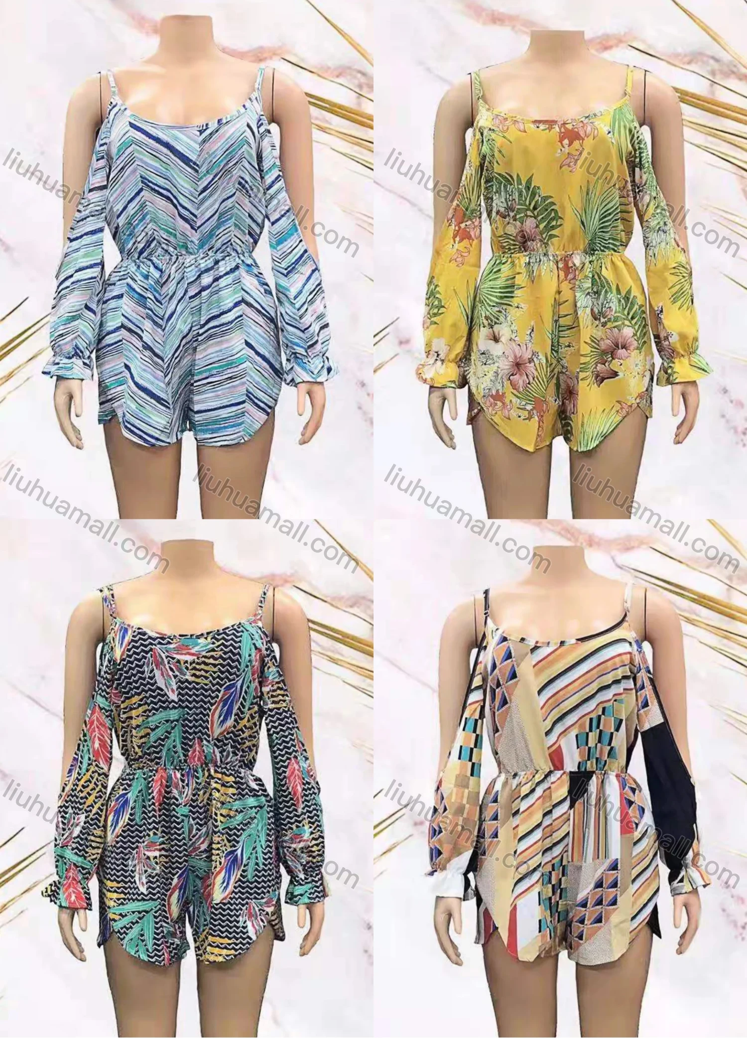 Wholesale Women's Casual Floral & Striped Print Poet Sleeve Cami Romper - Liuhuamall