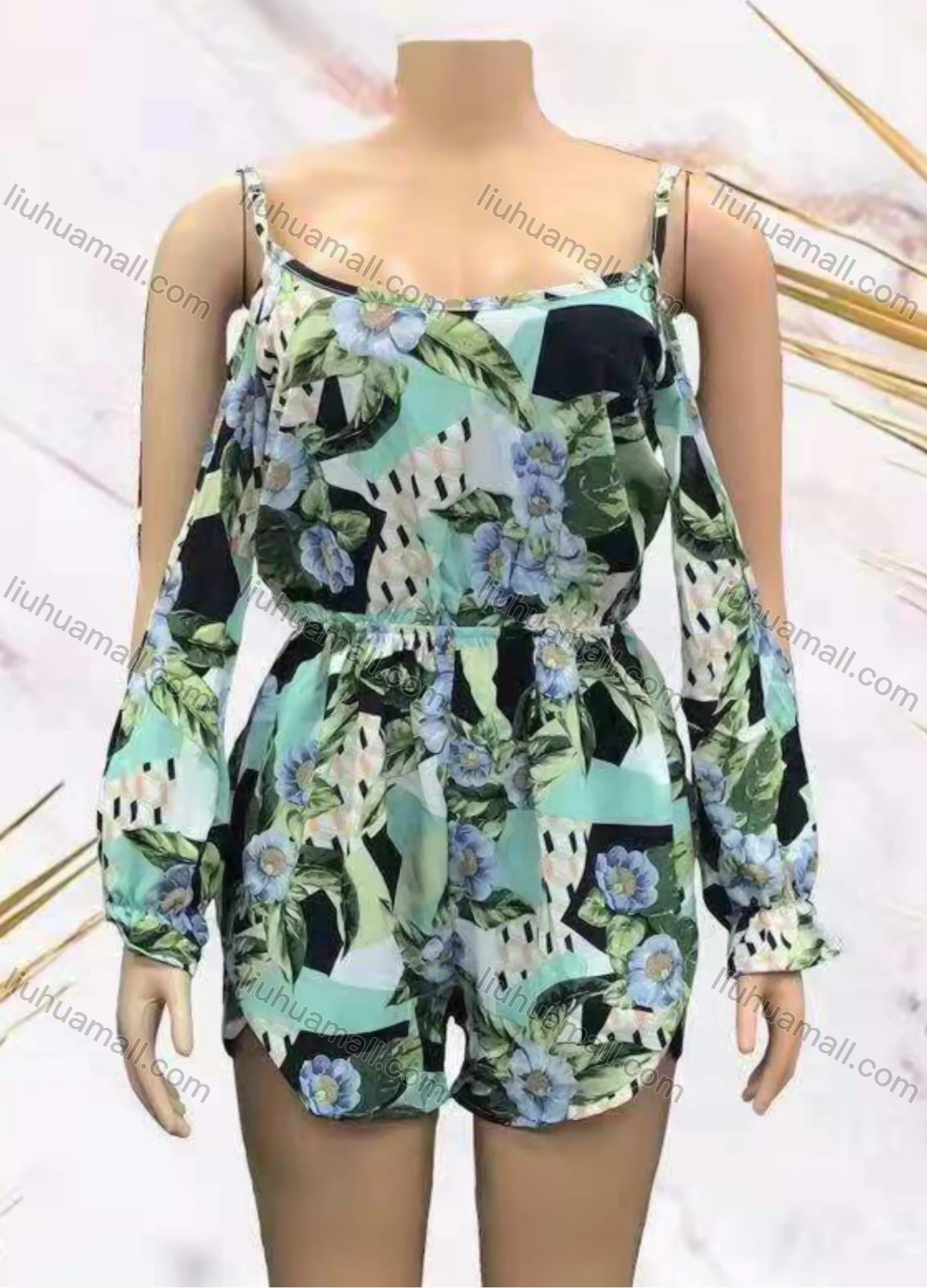 Wholesale Women's Casual Floral & Striped Print Poet Sleeve Cami Romper - Liuhuamall