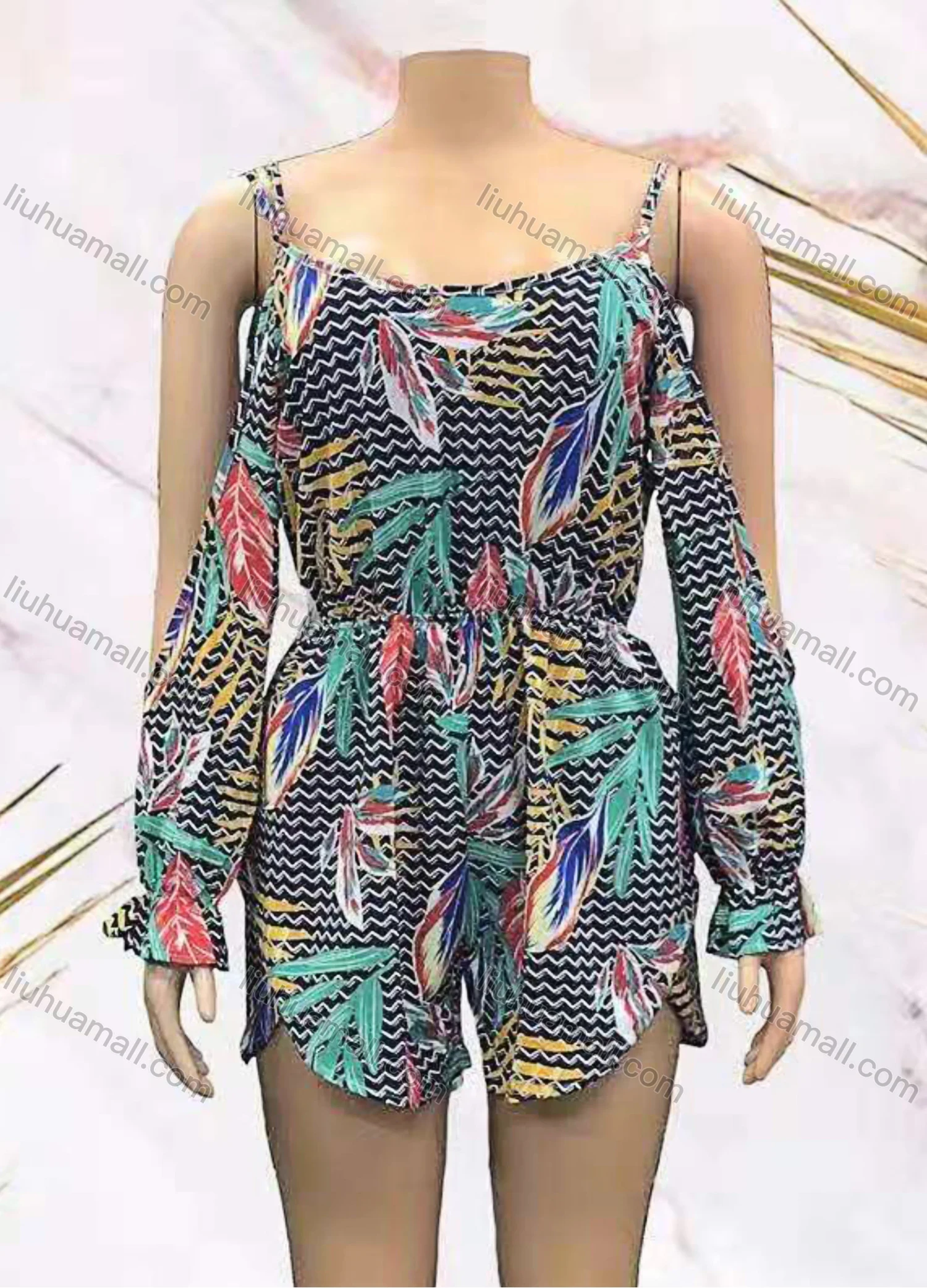 Wholesale Women's Casual Floral & Striped Print Poet Sleeve Cami Romper - Liuhuamall
