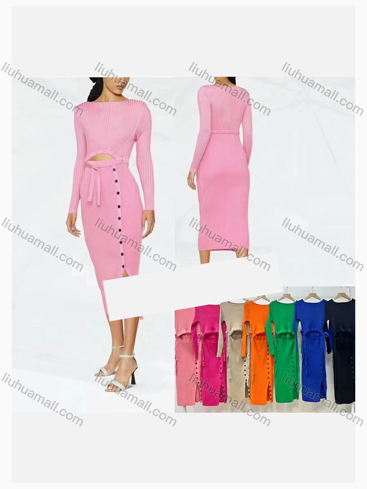 Wholesale Women's Fashion Round Neck Long Sleeve Button Decor Cutout Bodycon Dress With Belt - Liuhuamall