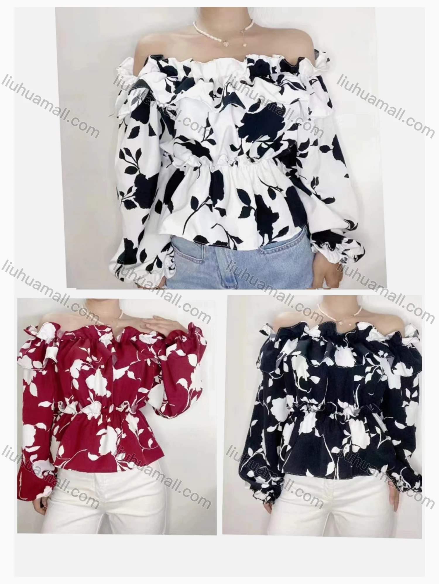 Wholesale Women's Fashion Off Shoulder Poet Sleeve Ruffle Trim Floral Print Top - Liuhuamall