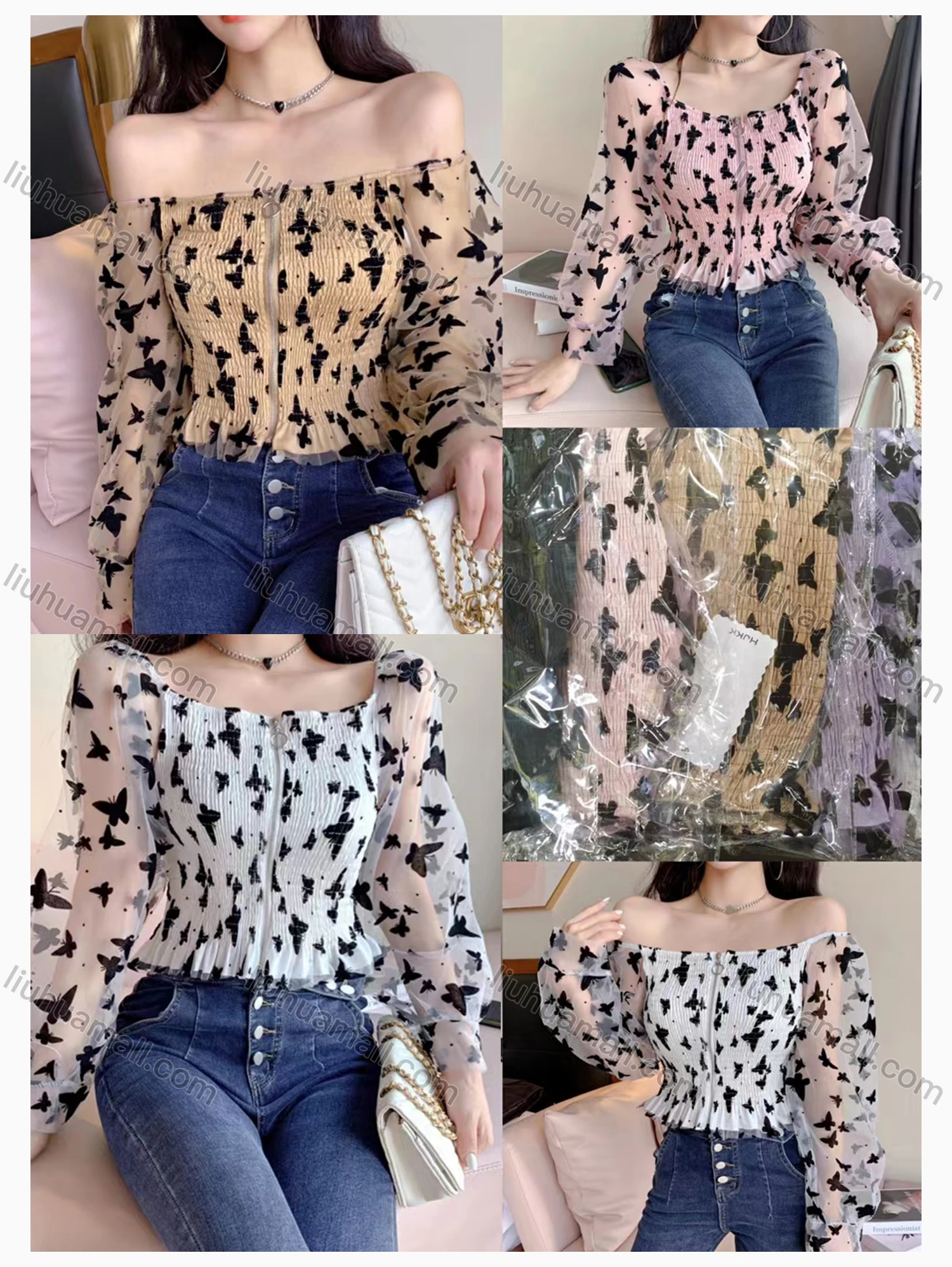 Wholesale Women's Casual Square Neck Mesh Long Sleeve Zipper Ruffle Hem Allover Print Blouse - Liuhuamall