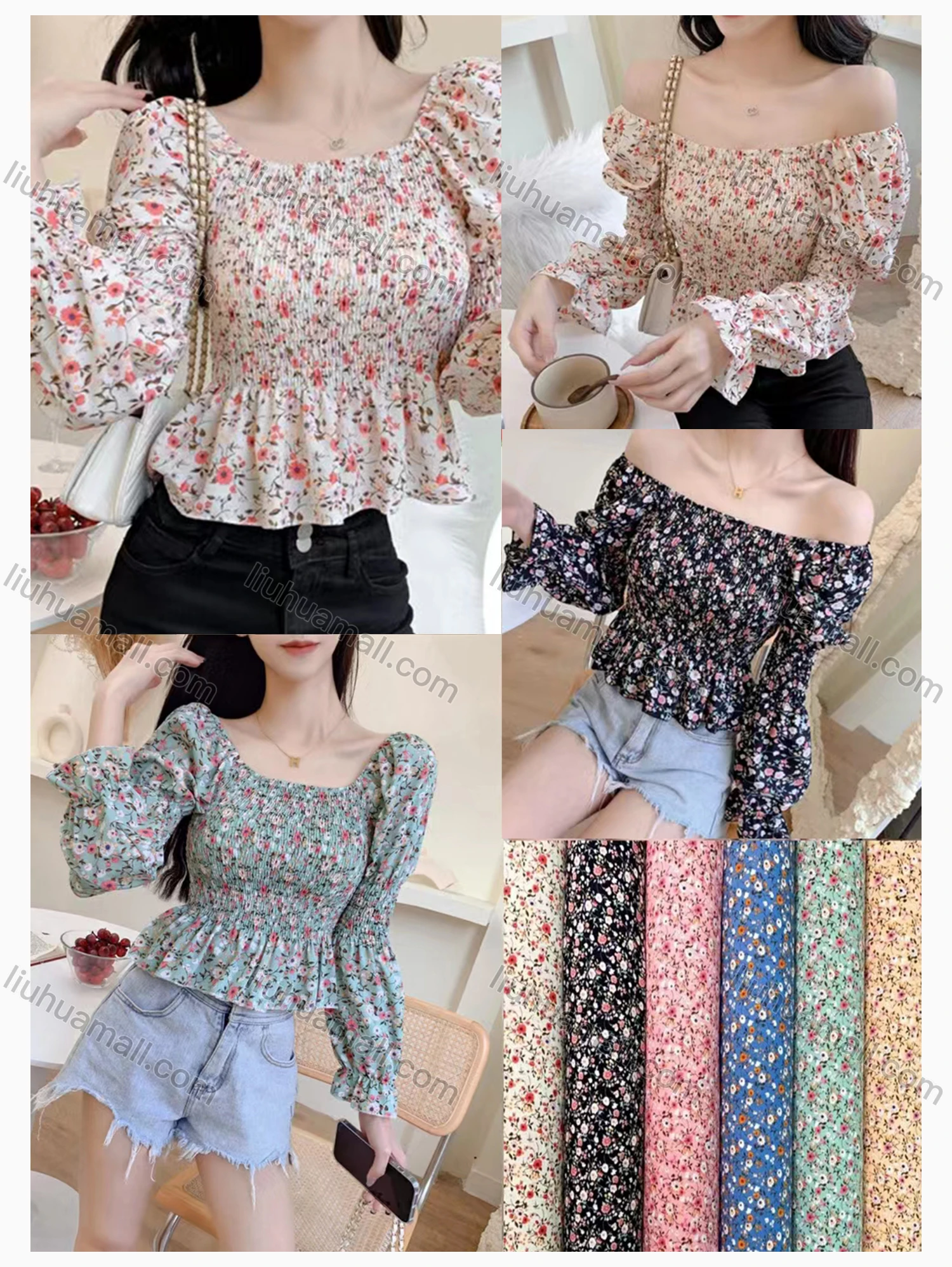 Wholesale Women's Casual Square Neck Poet Sleeve Ruffle Hem Floral Print Top - Liuhuamall