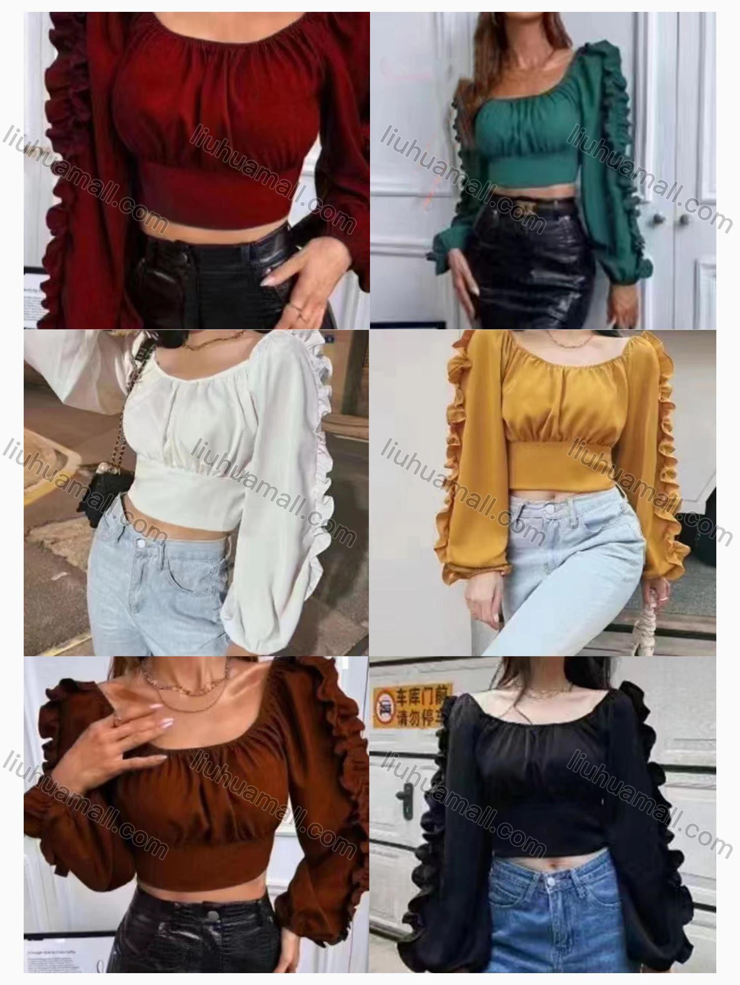 Wholesale Women's Casual Square Neck Long Sleeve Ruffle Hem Plain Crop Top - Liuhuamall