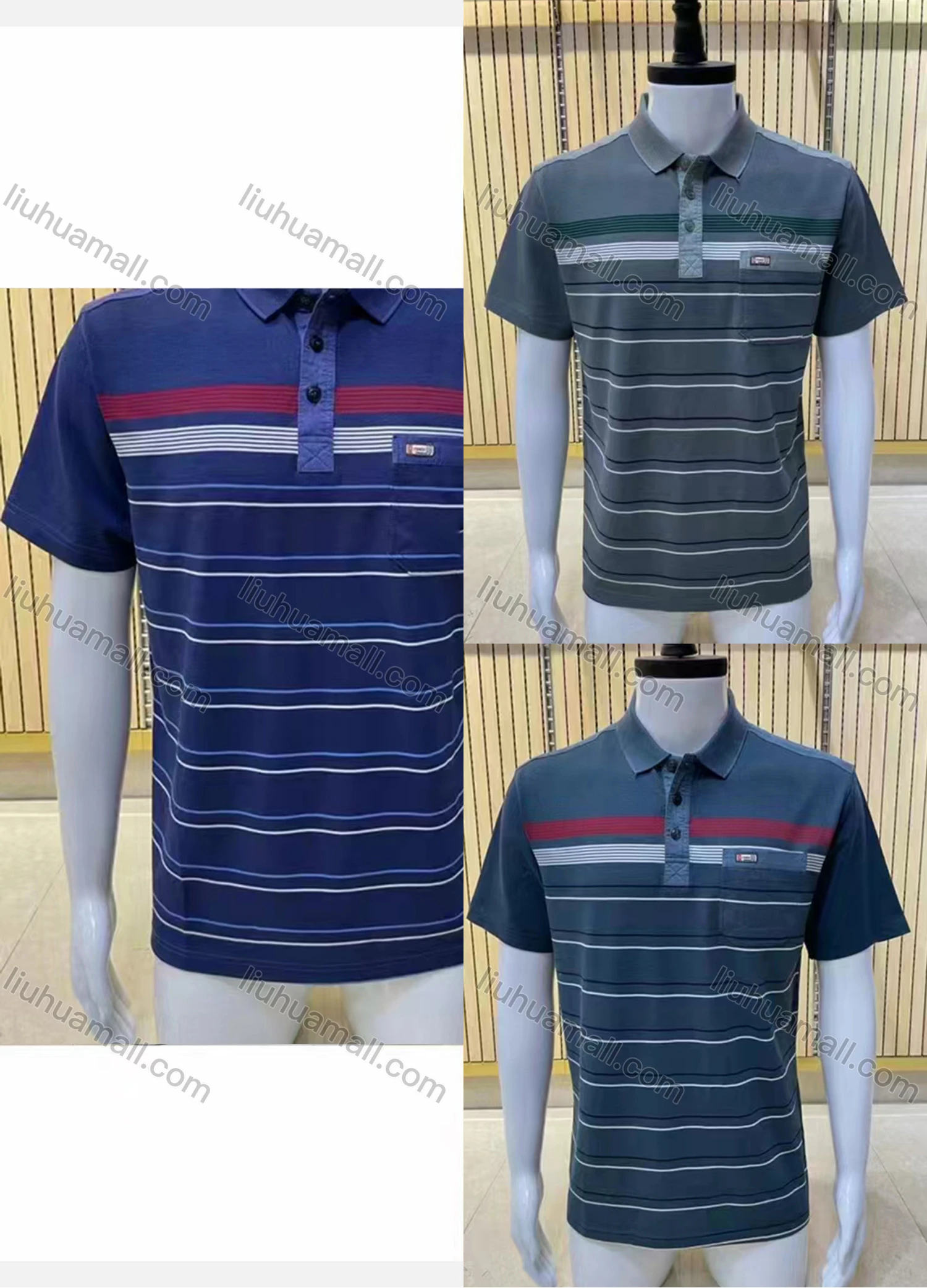 Wholesale Men's Casual Short Sleeve Striped Print Button Front Polo Shirts - Liuhuamall