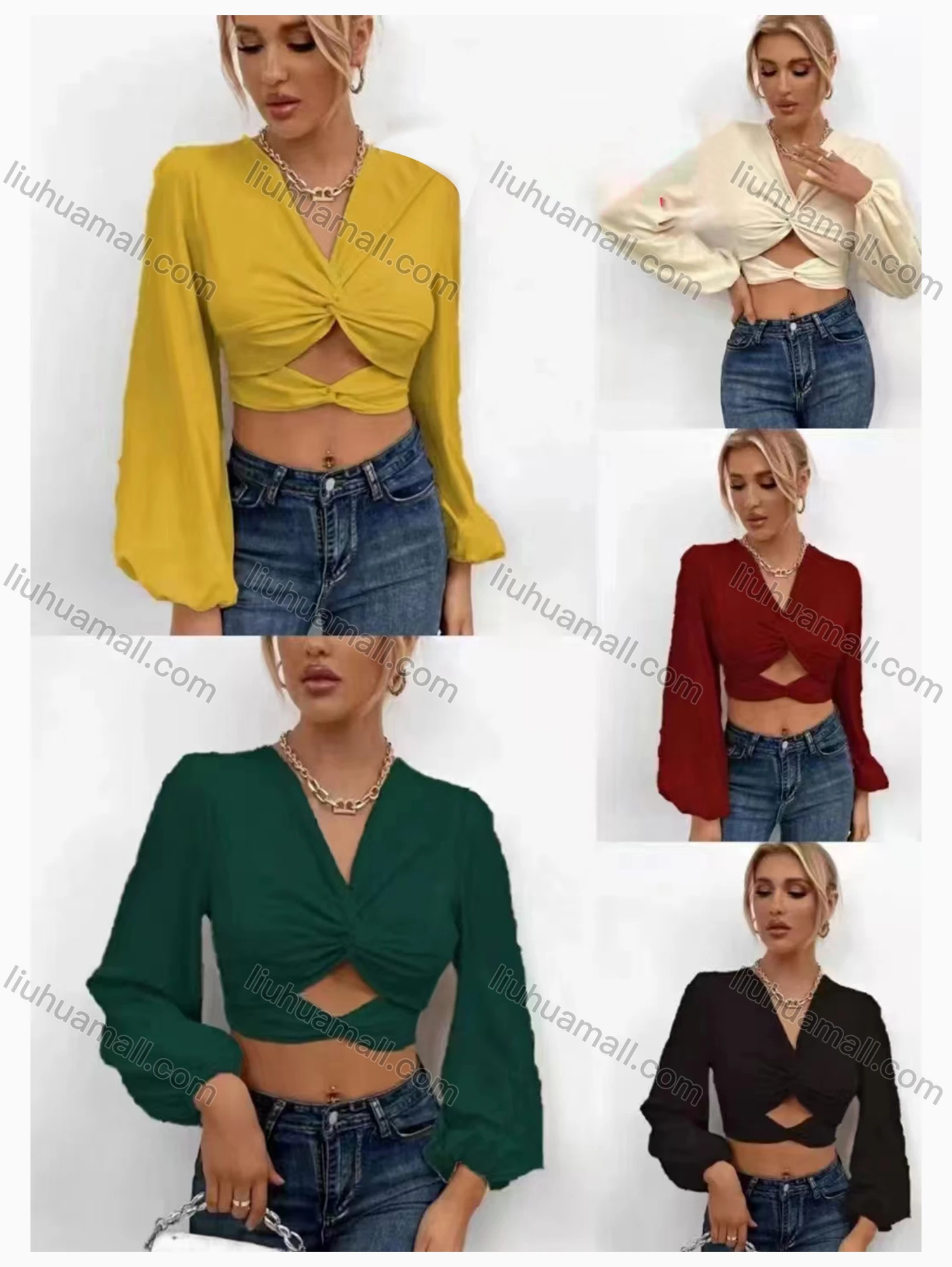 Wholesale Women's Fashion V Neck Long Sleeve Twist Cutout Plain Crop Top - Liuhuamall