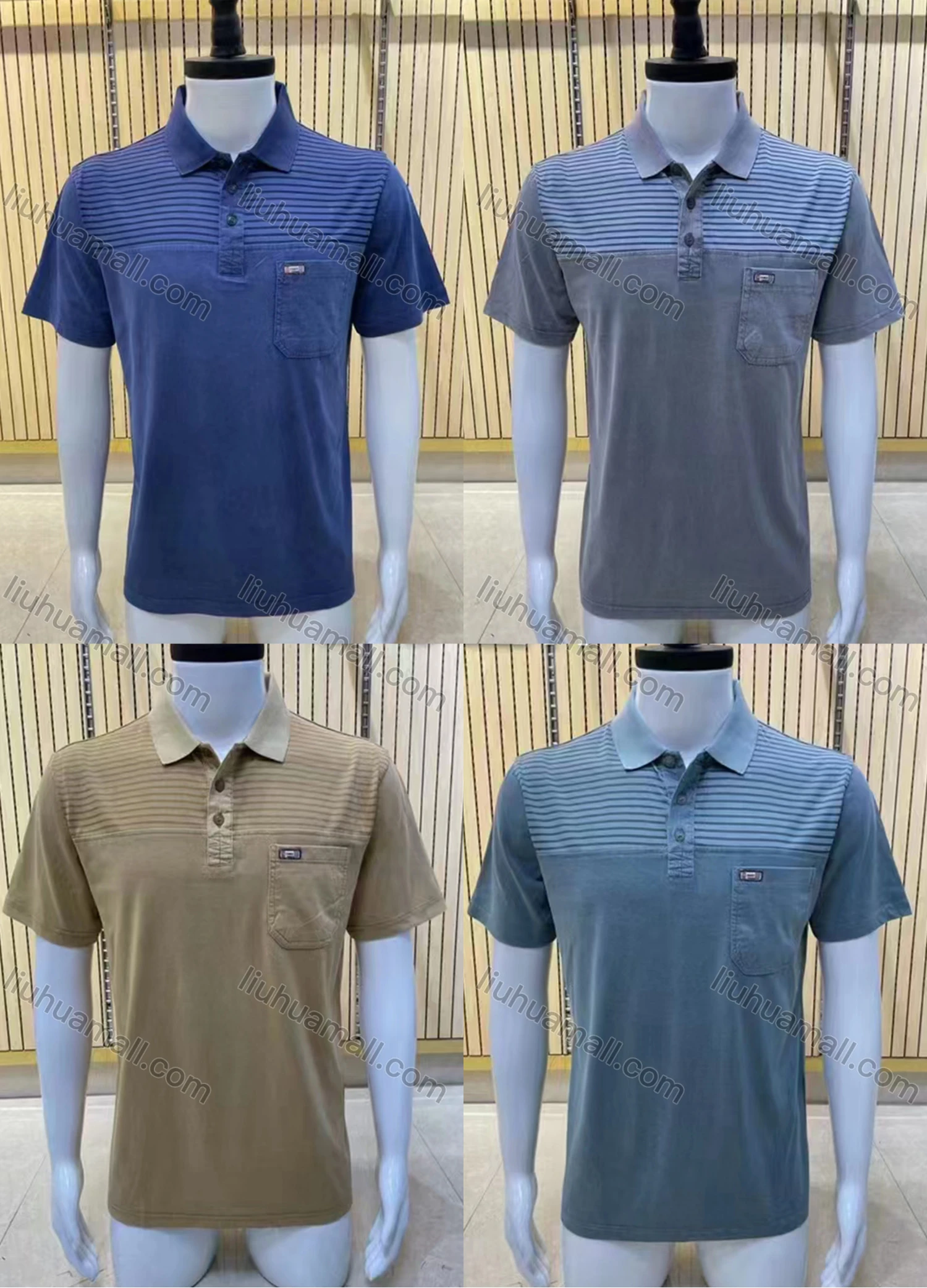 Wholesale Men's Casual Short Sleeve Button Front Striped Splicing Plain Polo shirts - Liuhuamall