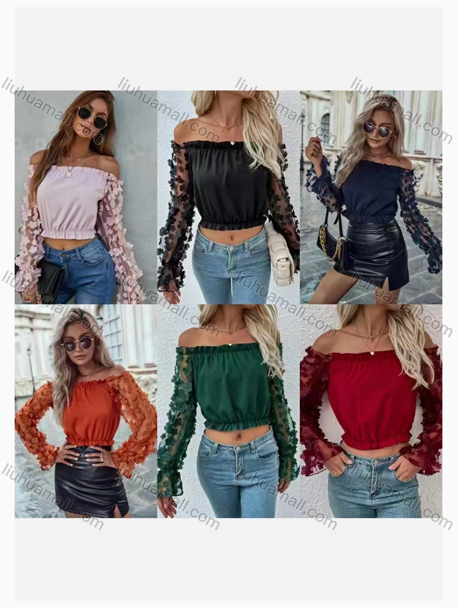 Wholesale Women's Fashion Off Shoulder Mesh Poet Sleeve Appliques Plain Top - Liuhuamall