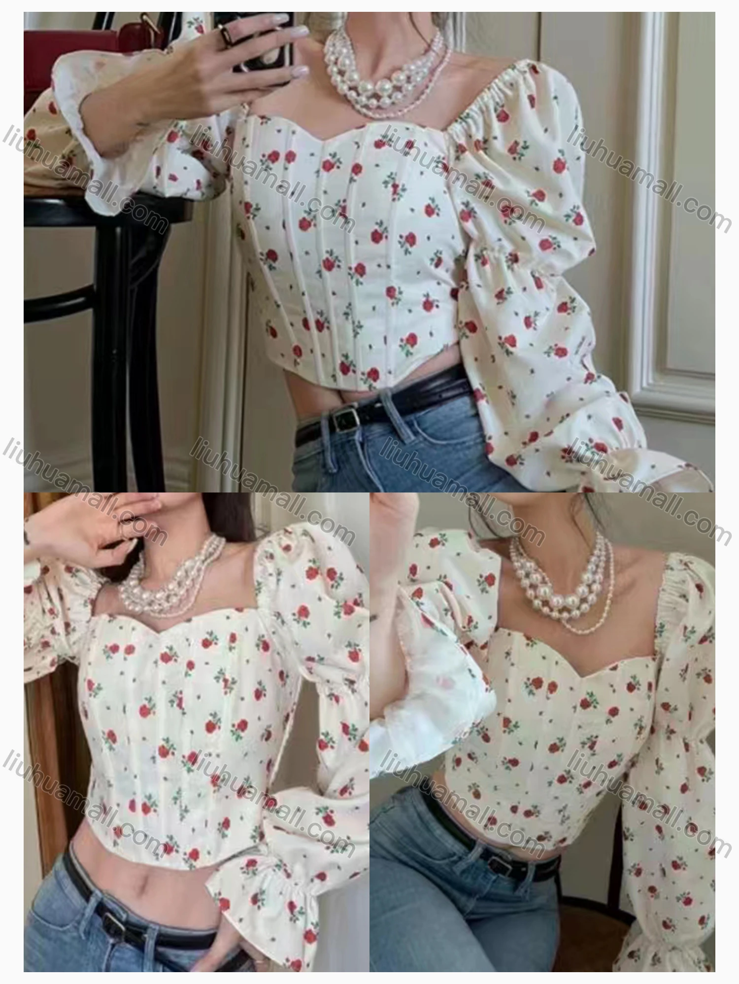 Wholesale Women's Fashion Square Neck Poet Sleeve Floral Print Crop Top - Liuhuamall