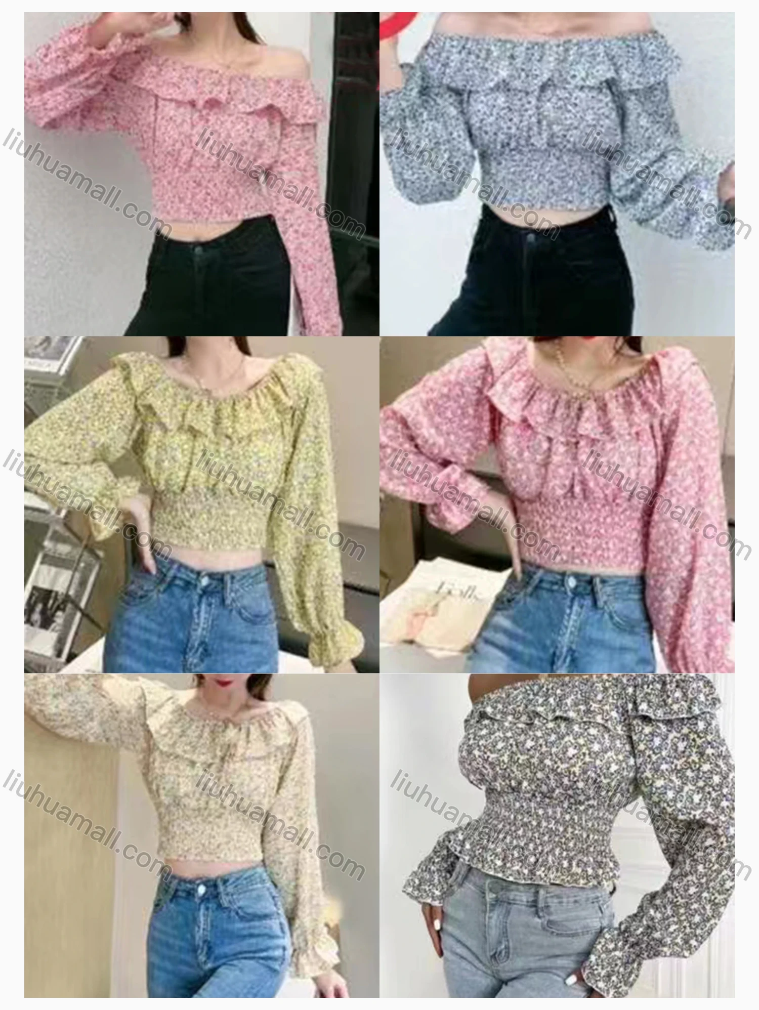Wholesale Women's Fashion Square Neck Poet Sleeve Ruffe Hem Floral Print Crop Top - Liuhuamall