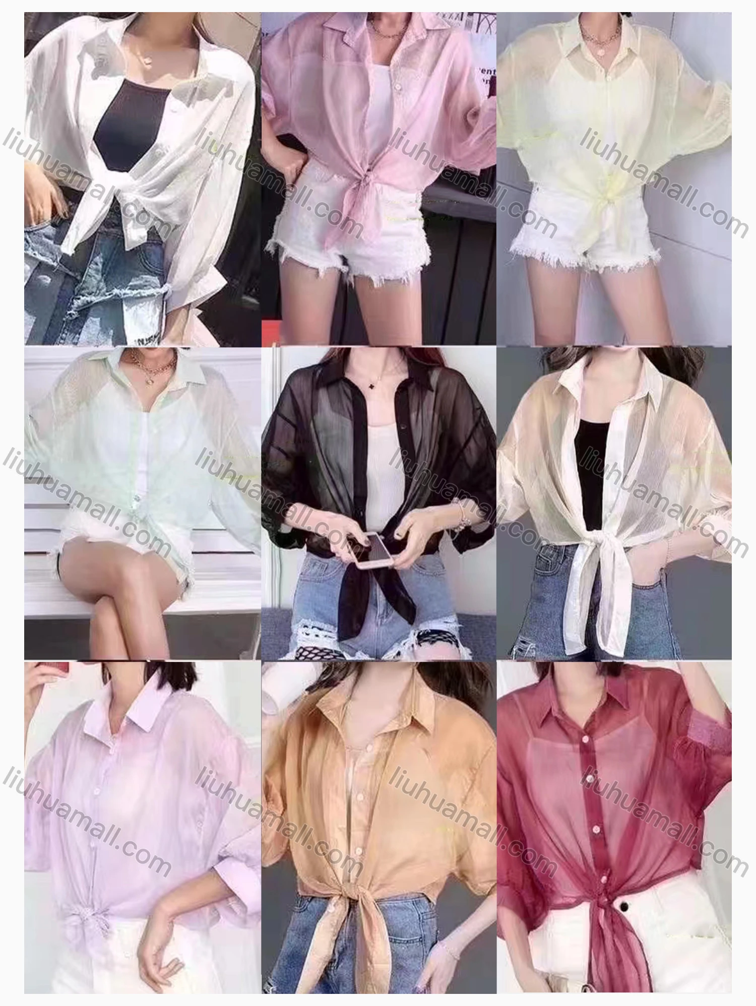 Wholesale Women's Casual Collared Long Sleeve Button Front Mesh Tie Plain Cardigan - Liuhuamall