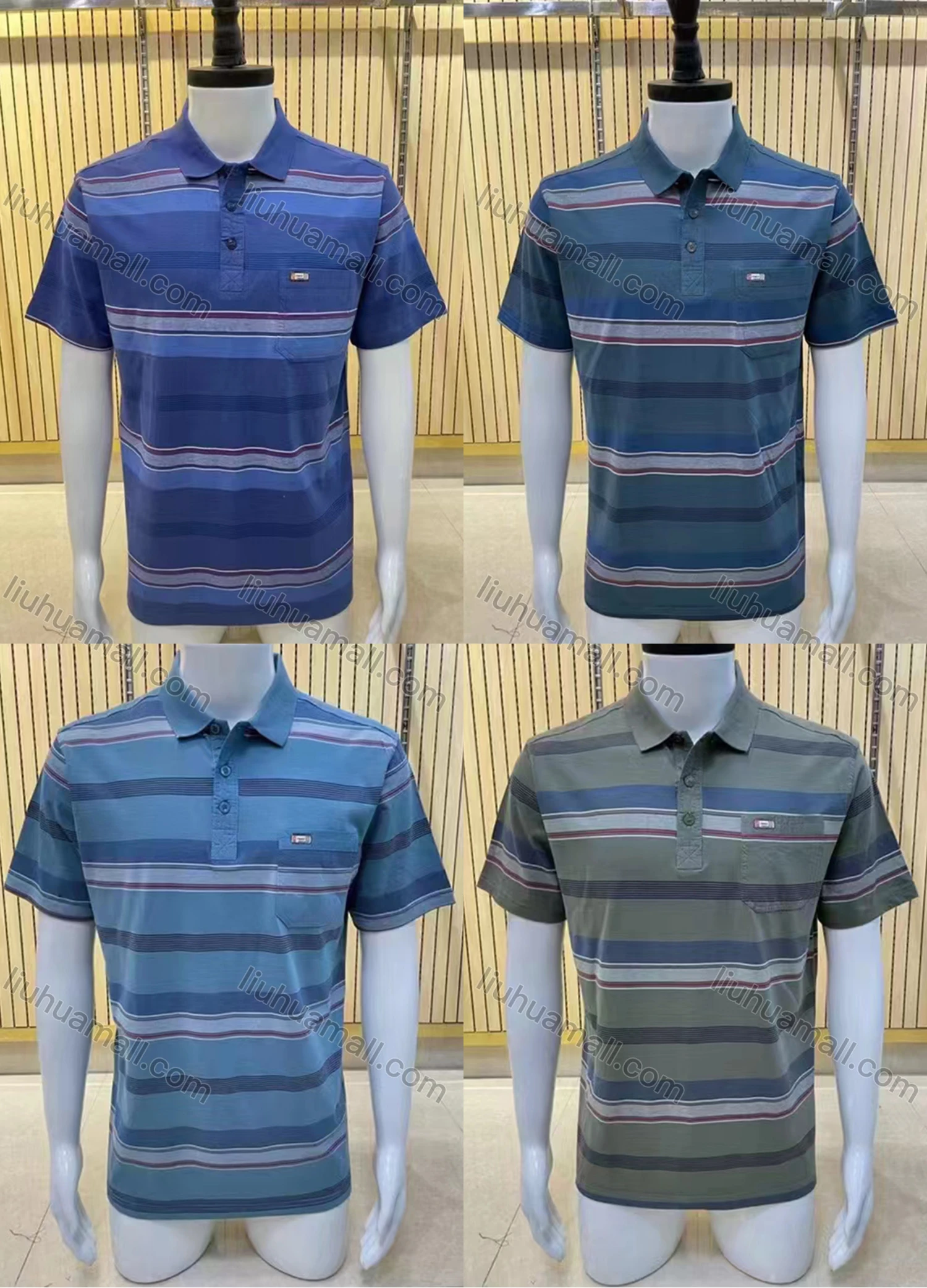Wholesale Men's Casual Short Sleeve Colorblock Striped Button Front Polo Shirts - Liuhuamall