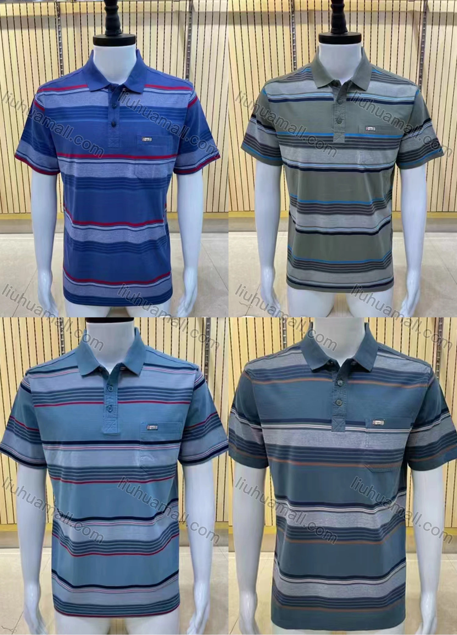 Wholesale Men's Casual Short Sleeve Colorblock Striped Button Front Polo Shirts - Liuhuamall