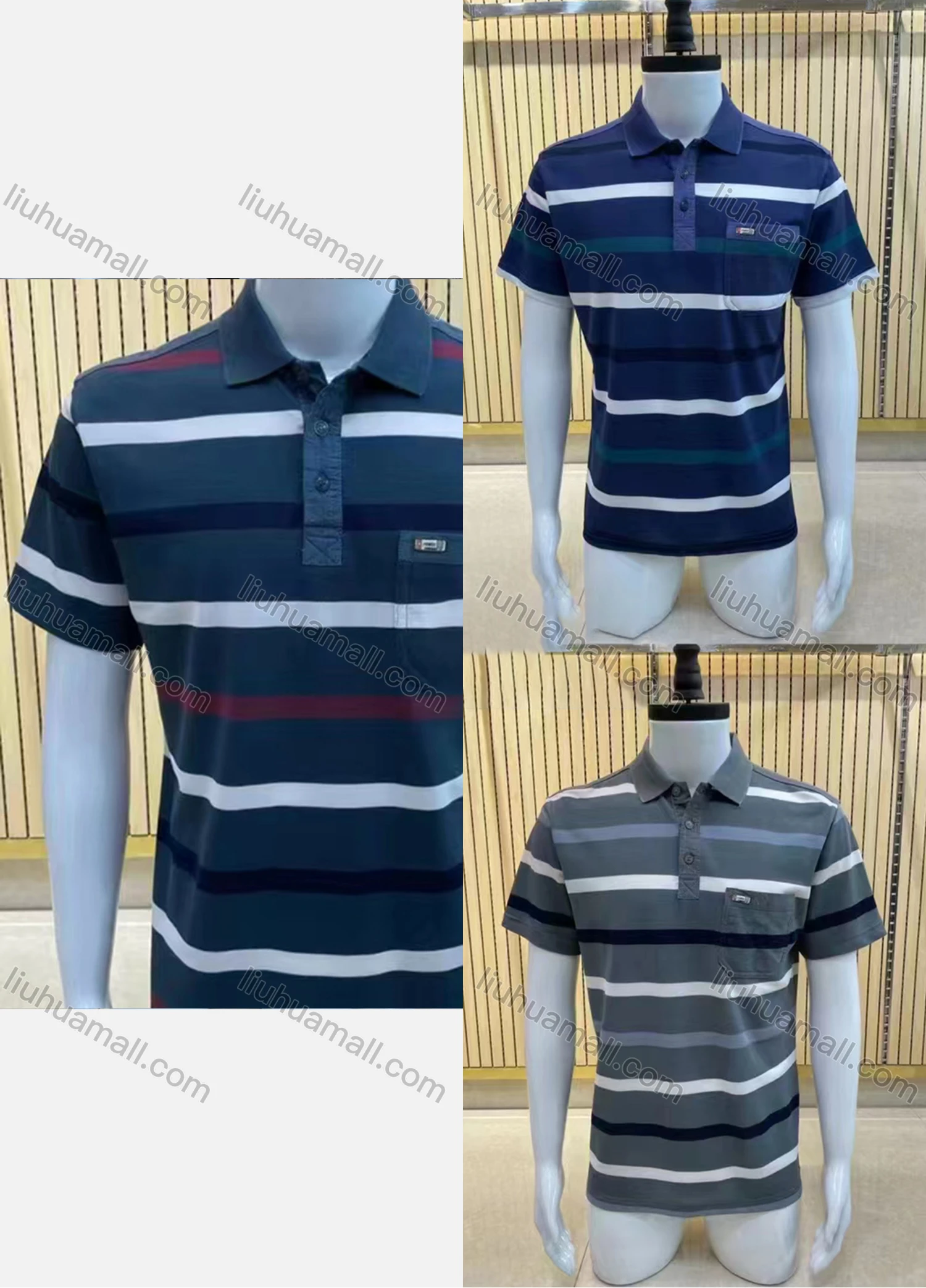 Wholesale Men's Casual Short Sleeve Colorblock Striped Button Front Polo Shirts - Liuhuamall