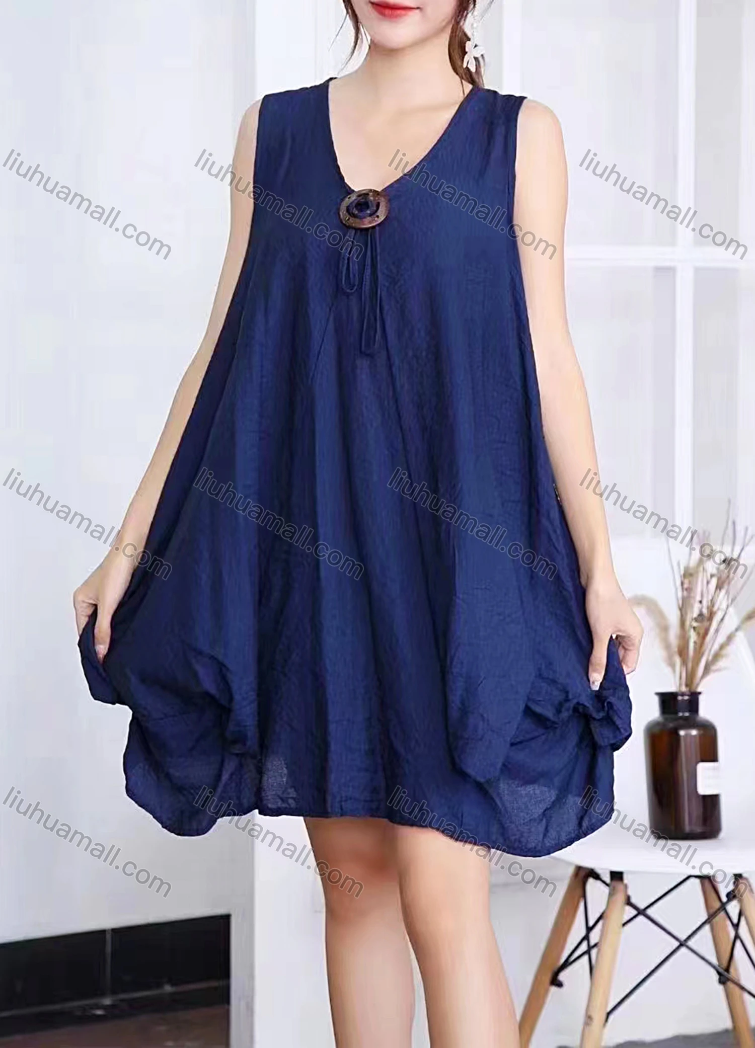 Wholesale Women's Casual V Neck Plain Tiered Tank Dress - Liuhuamall